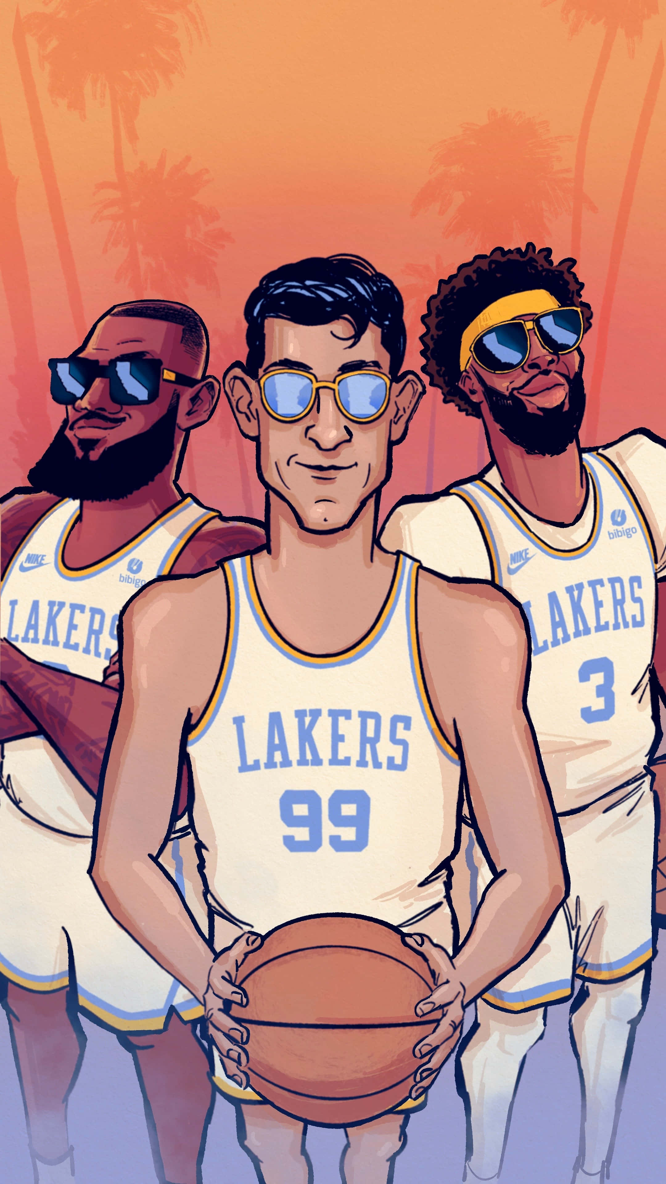 Cartoon NBA Players 桌布 壁紙 — 三位湖人籃球運動員戴著太陽眼鏡，在日落棕櫚樹背景下自信地擺姿勢。