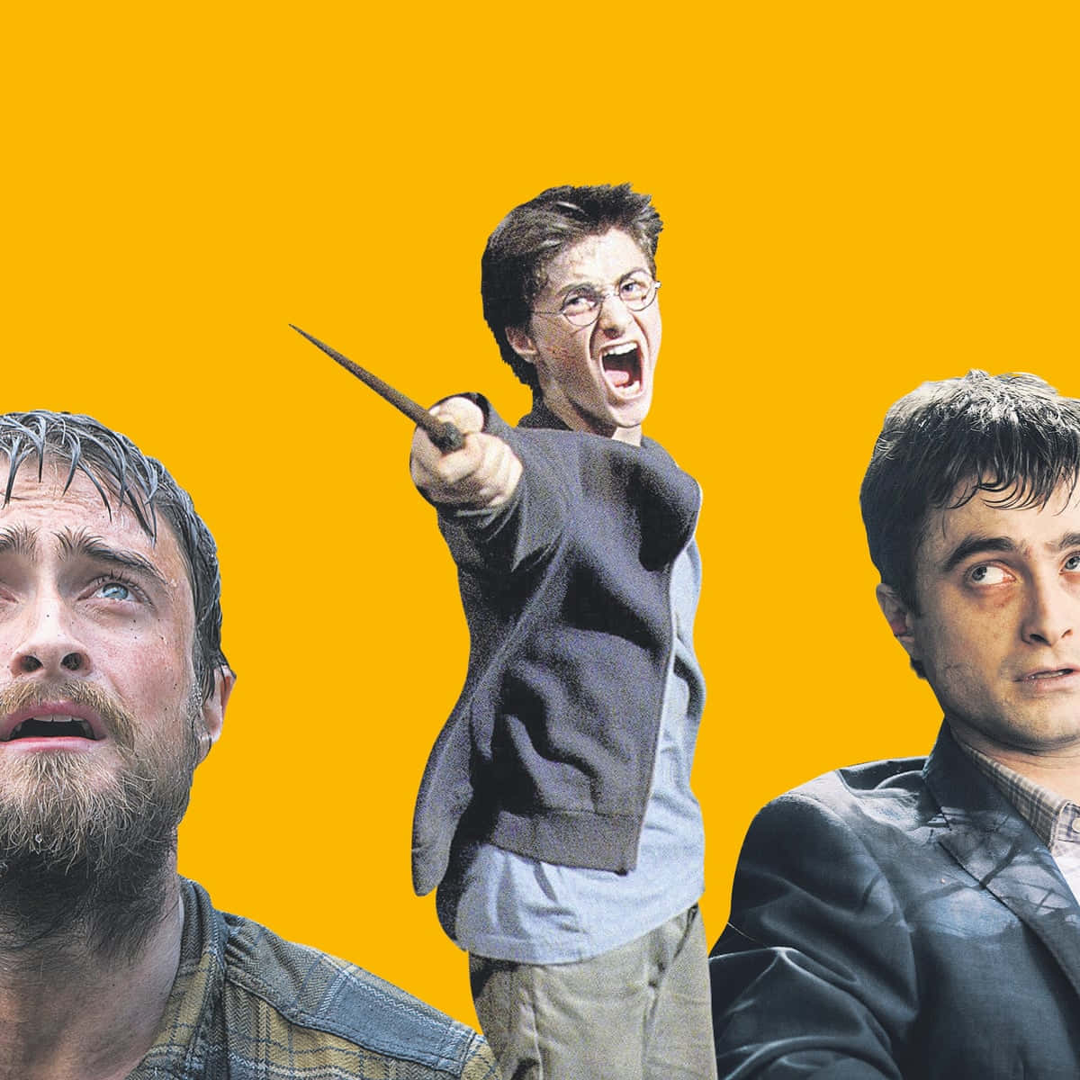 Funny Harry Potter 桌布 壁紙 — 三位演員在鮮黃色背景下以戲劇性姿勢扮演哈利波特。