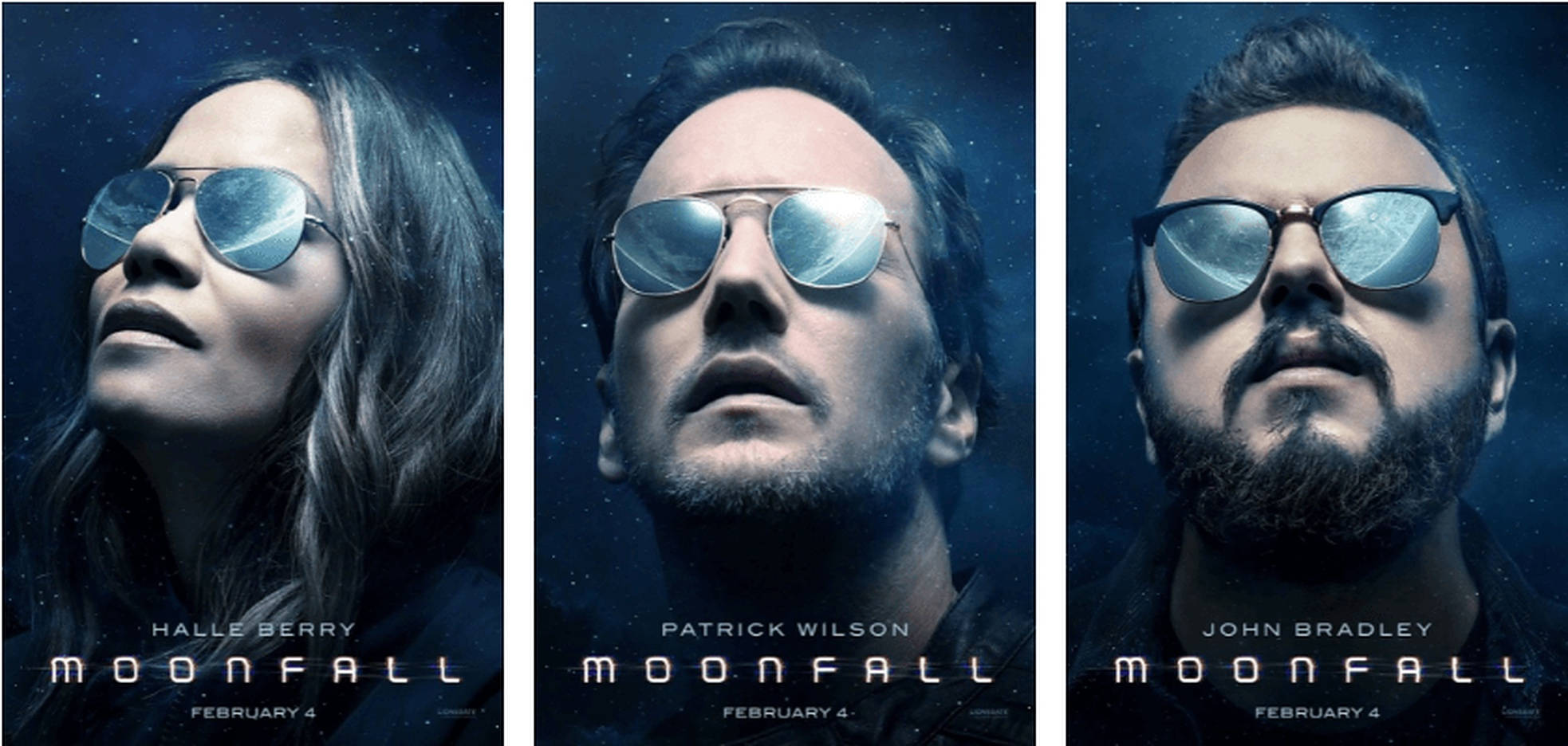 Moonfall 桌布 壁紙 — 三位演員戴著飛行員太陽眼鏡，在星光燦爛的宇宙背景下仰望，並附有電影標題和上映日期。
