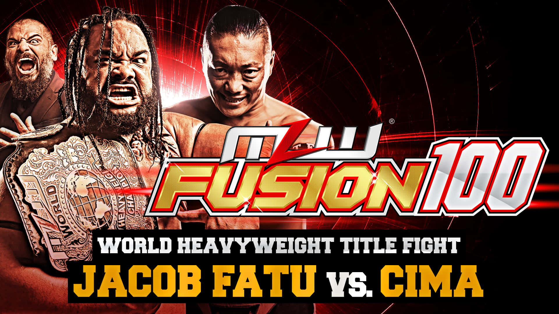 WWE 桌布 壁紙 — 三位激烈的摔角手向前凝視，帶著冠軍腰帶和粗體「Fusion 100」文字，背景是紅色能量爆發。