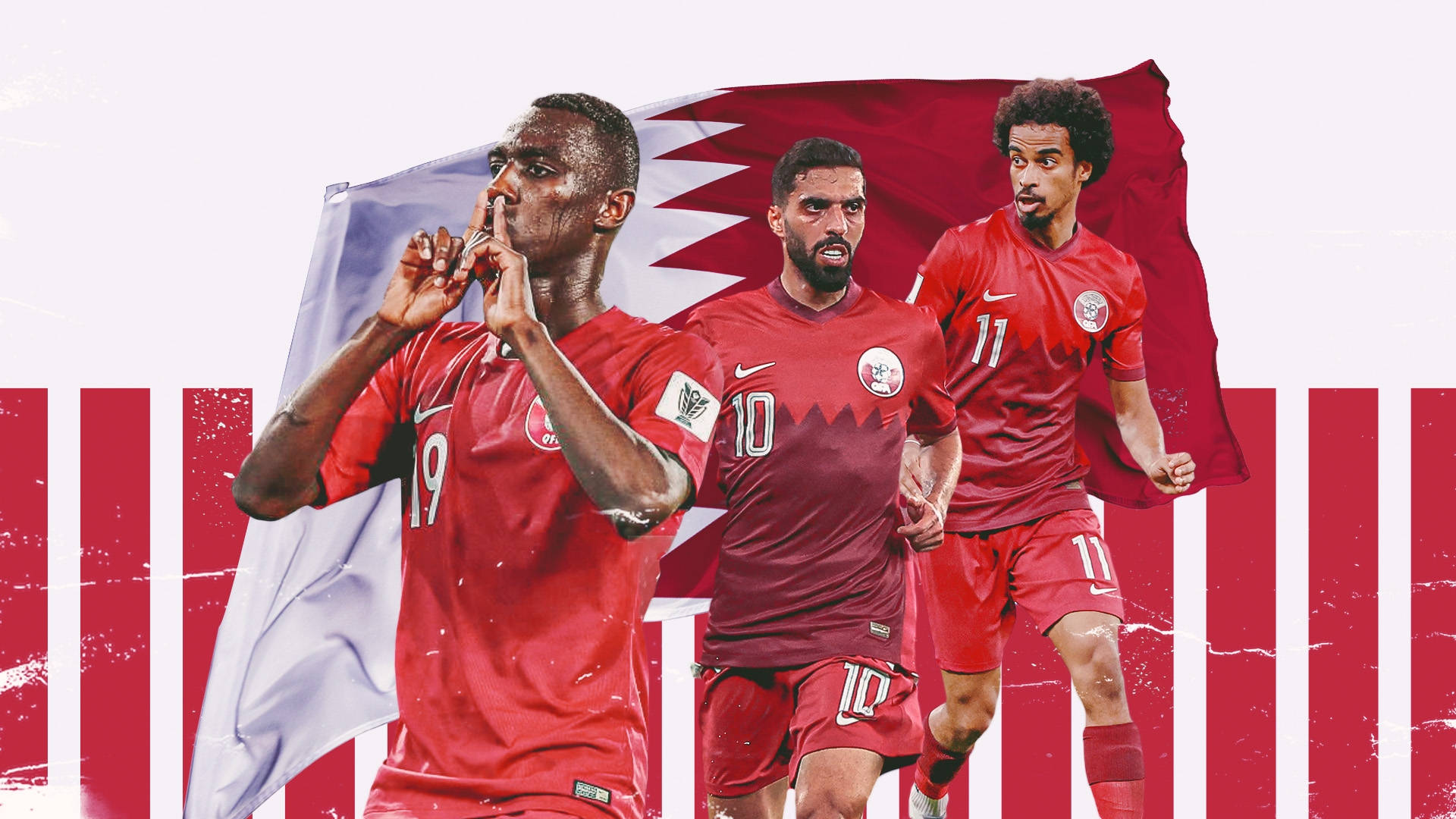 Flag 桌布 壁紙 — 三位熱情的卡塔爾足球員身穿紅色球衣，在鮮明的紅白條紋背景和國旗襯托下動感慶祝。