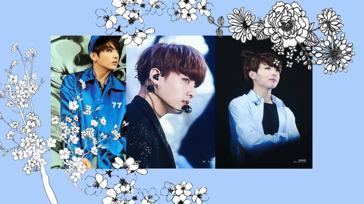 Jungkook 桌布 壁紙 — 三位男偶像穿著時尚服裝，被精緻的白色花卉塗鴉框在柔和的藍色背景上。