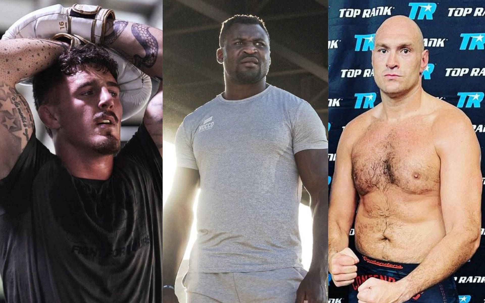 UFC 桌布 壁紙 — 三位男性拳手在訓練和記者會時刻展現出強烈的專注力和運動員體格。