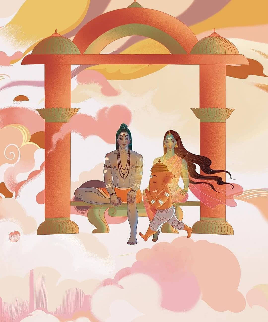 Shiv Parivar 桌布 壁紙 — 三位神聖人物在旋轉的粉彩雲朵中，寧靜地坐在鮮豔的橙色拱門下，處於天國場景中。