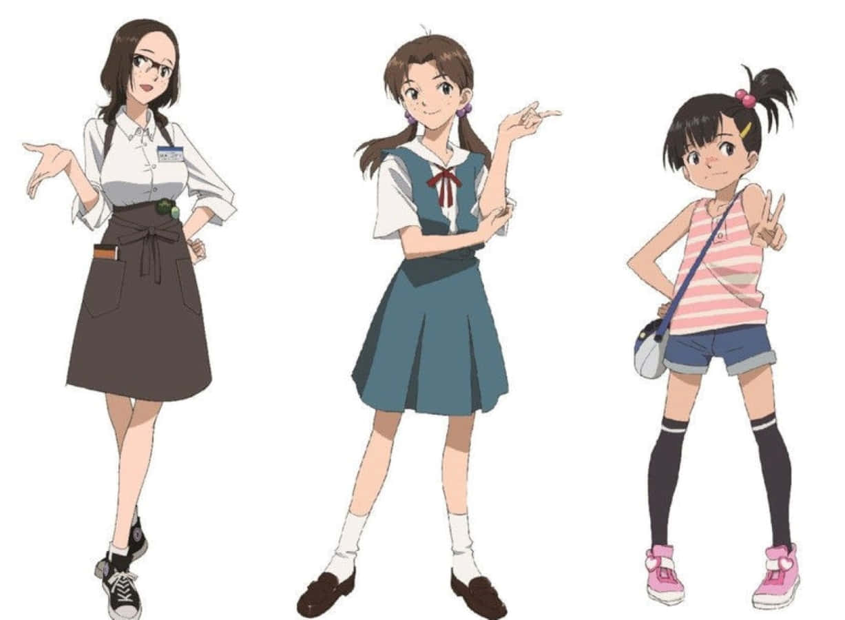 Hikari Horaki 桌布 壁紙 — 三位穿著不同服裝的動漫女孩在純白背景前開心地擺姿勢。