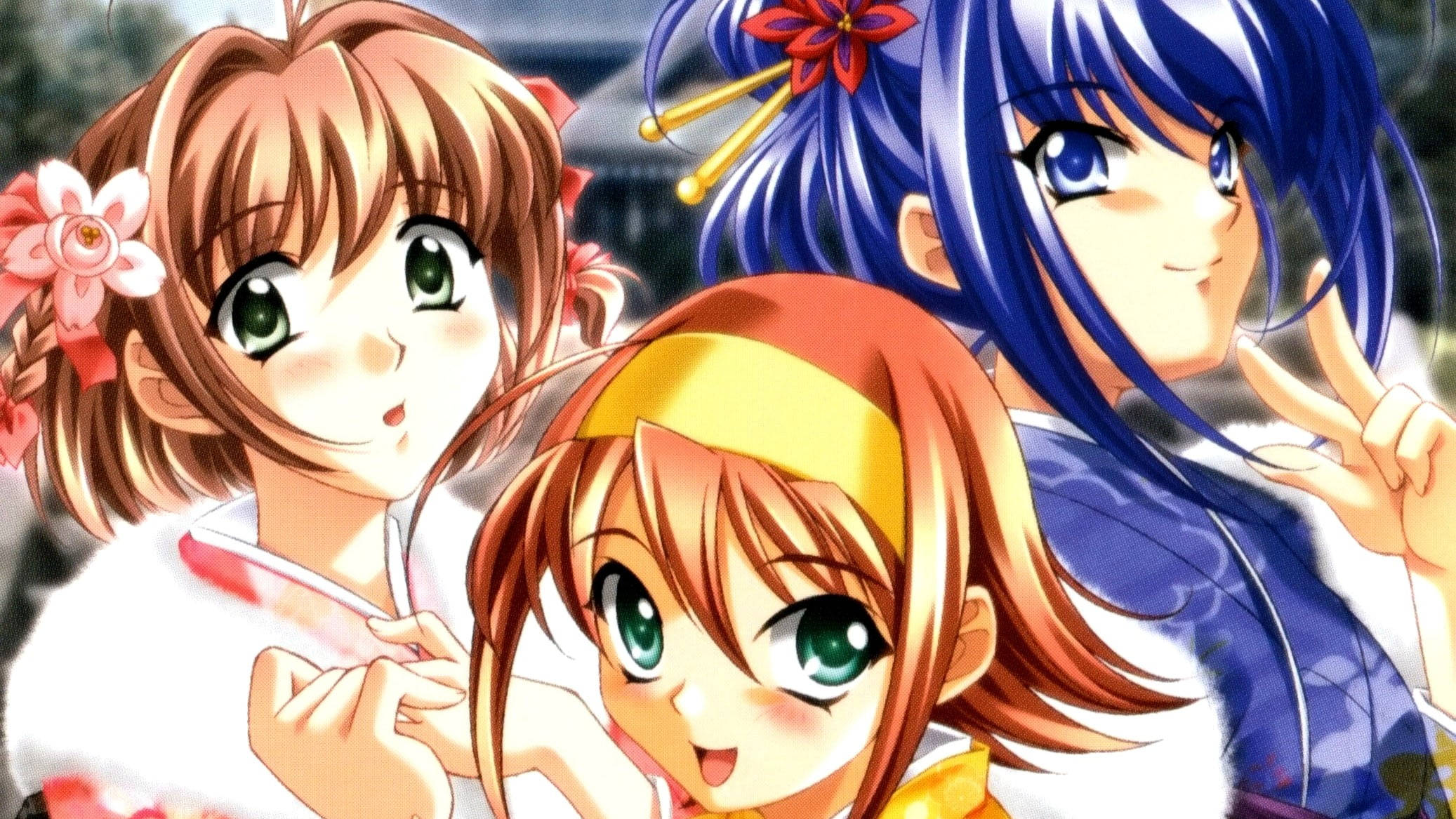 kimi ga nozomu eien 桌布 壁紙 — 三位穿著傳統日本服飾的開朗動畫女孩，帶著燦爛笑容和俏皮姿勢擺拍。