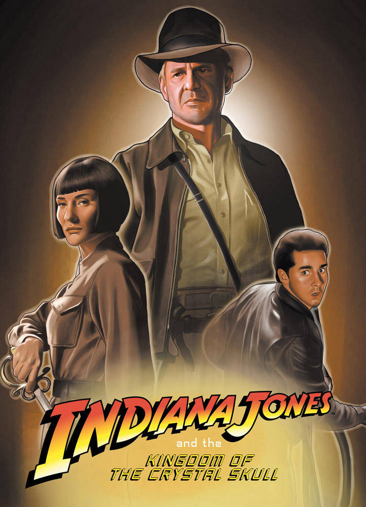 Indiana Jones 桌布 壁紙 — 三位穿著復古探險裝備的冒險家，在溫暖發光的背景下英勇站立，並帶有粗體電影標題文字。