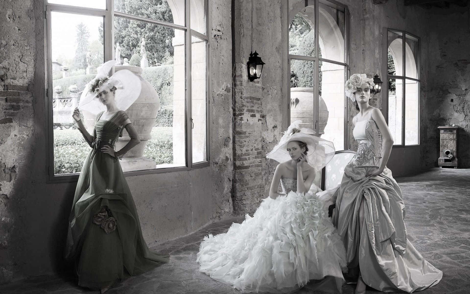 Bride 桌布 壁紙 — 三位穿著復古禮服和帽子的優雅女士，在一個陽光普照、質樸的石室中，拱形窗戶下優雅地擺姿勢。