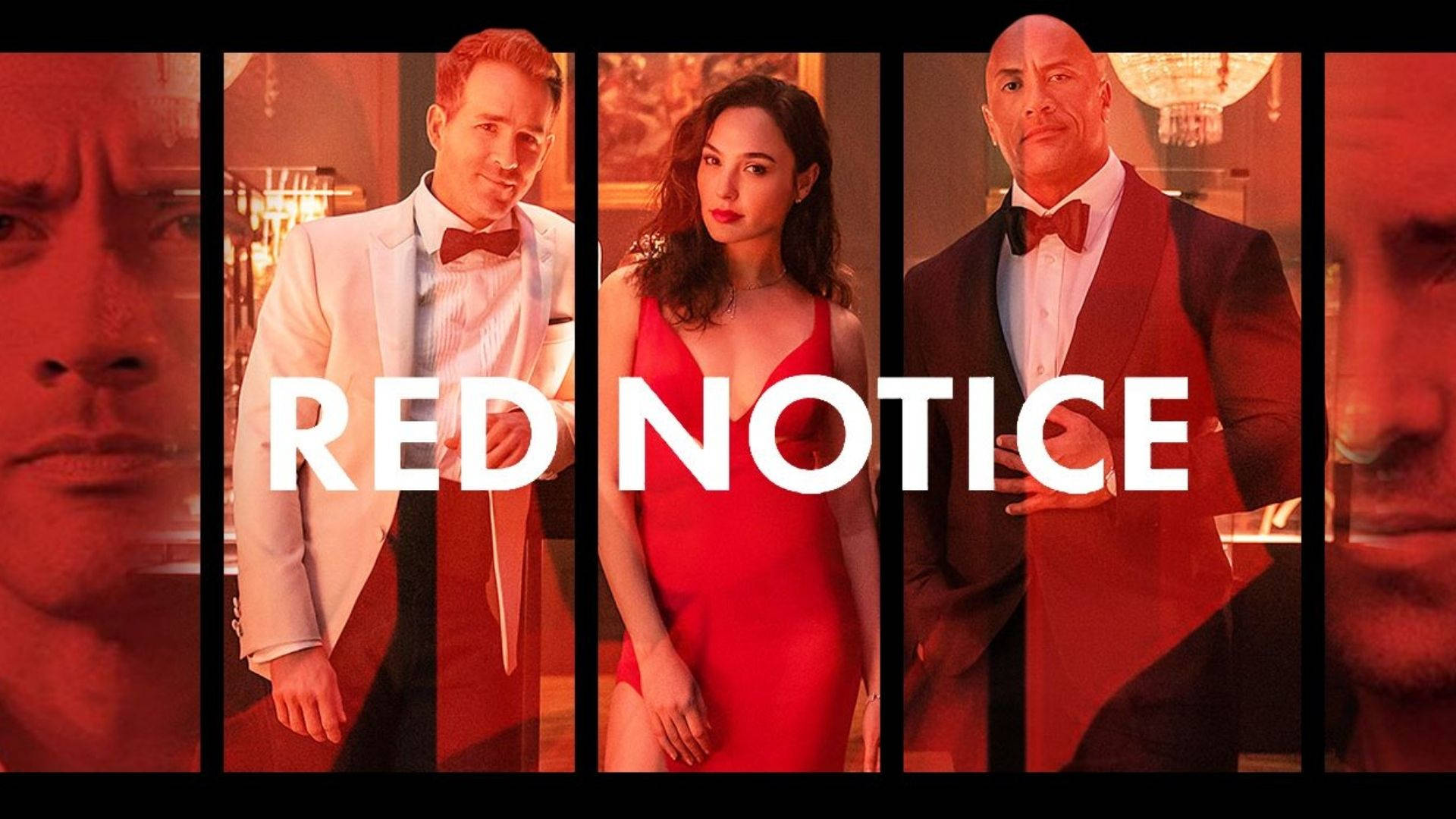 Notice 桌布 壁紙 — 三位穿著正式服裝的魅力人物站在豐富的紅色背景前，標題「RED NOTICE」大膽展示。
