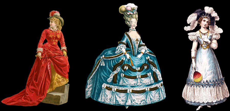 Ladies Dress 桌布 壁紙 — 三位穿著華麗禮服的優雅歷史女性，在純黑背景前擺出姿勢。