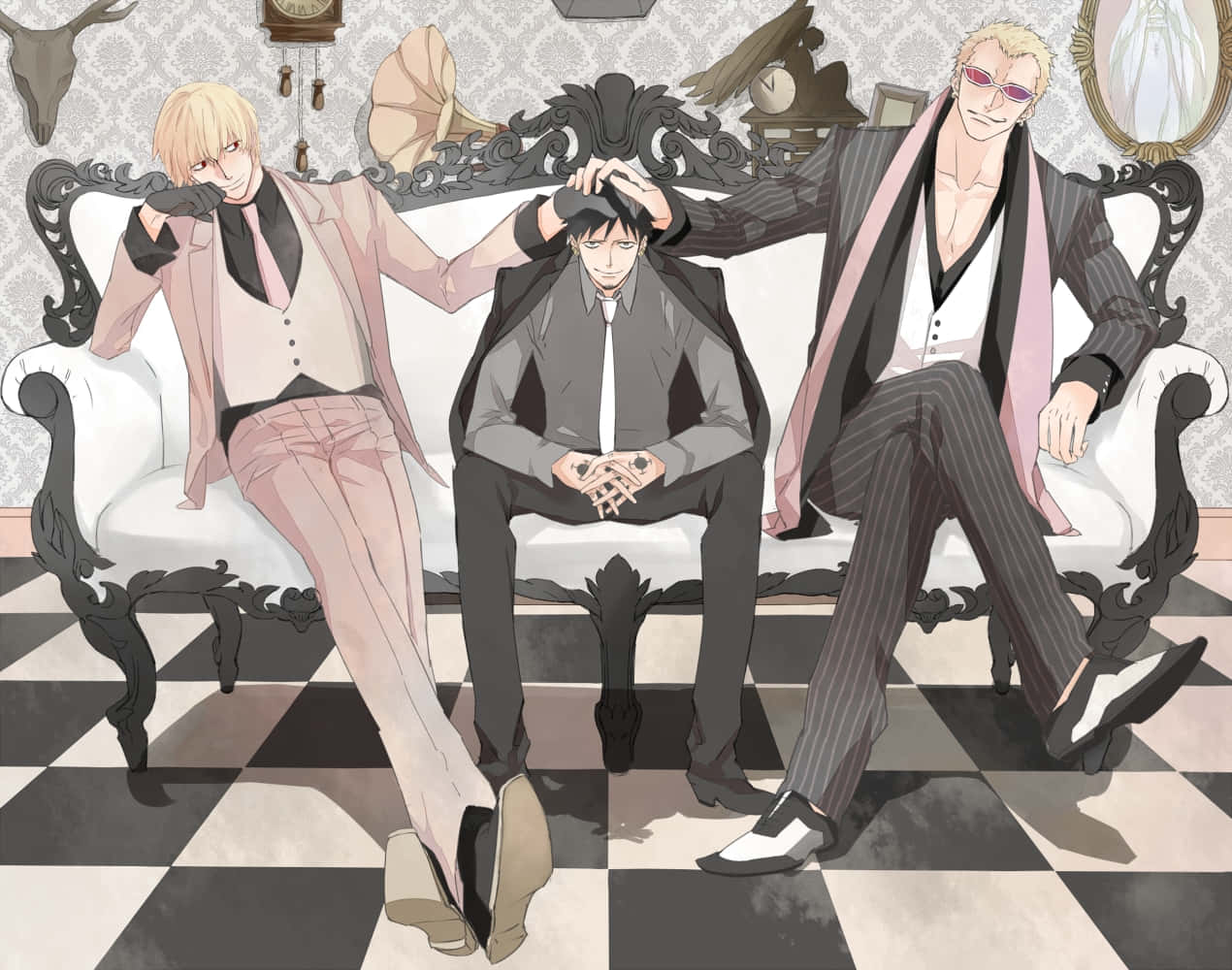 Donquixote Family 桌布 壁紙 — 三位穿著西裝的動畫男性在一個帶有復古裝飾的格紋房間裡，躺在一張華麗的黑白沙發上。