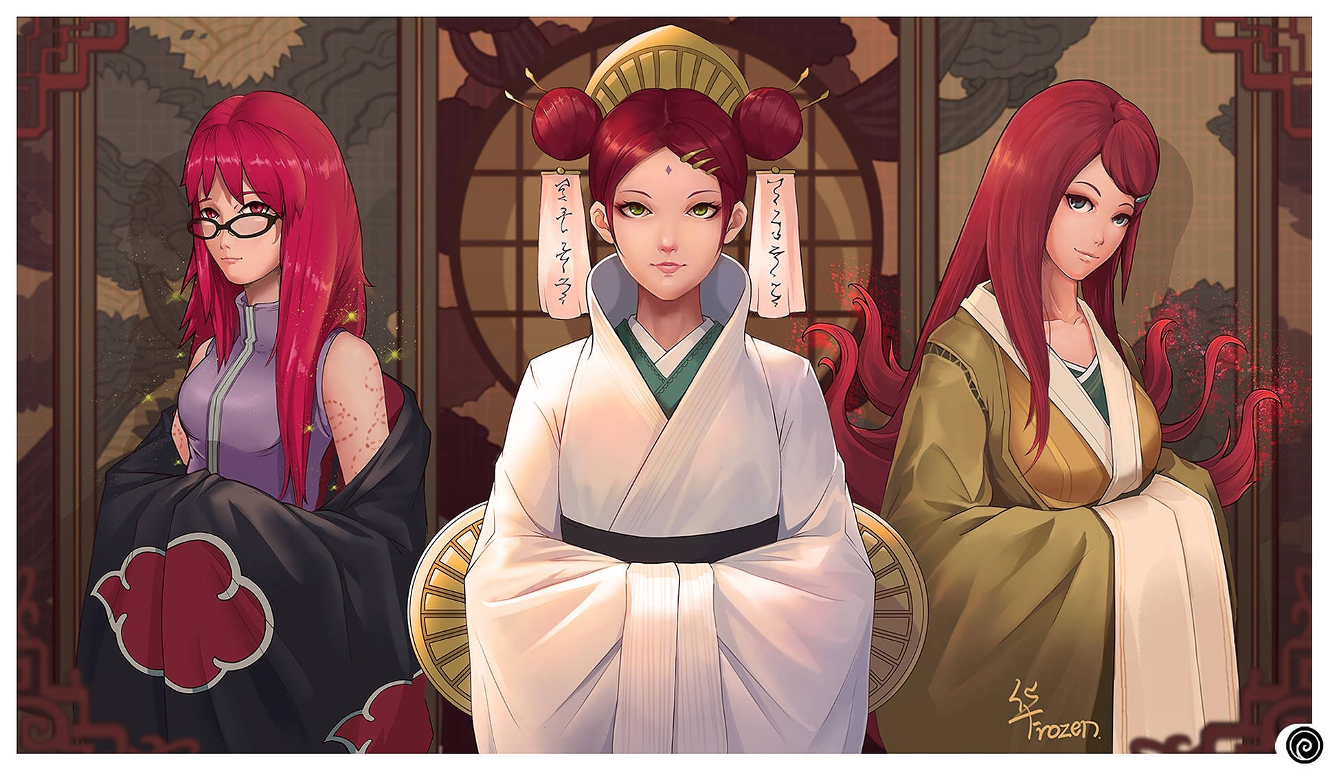Clan 桌布 壁紙 — 三位紅髮動漫女性穿著傳統日本服飾，端莊地坐在華麗的木製屏風前。