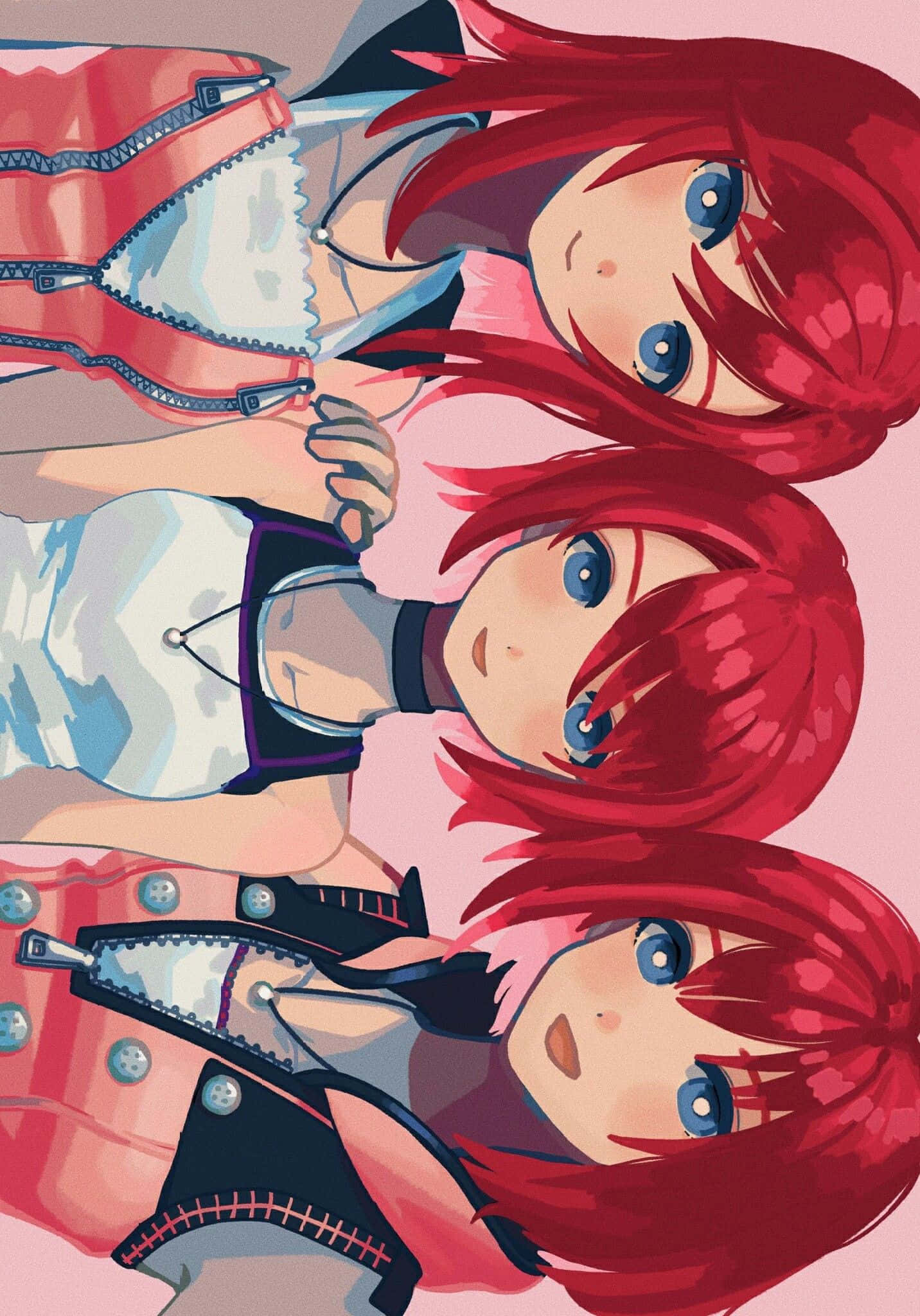 Kingdom Hearts Kairi 桌布 壁紙 — 三位紅髮藍眼的動漫少女穿著相配的粉紅色外套，背景是柔和的粉紅色。