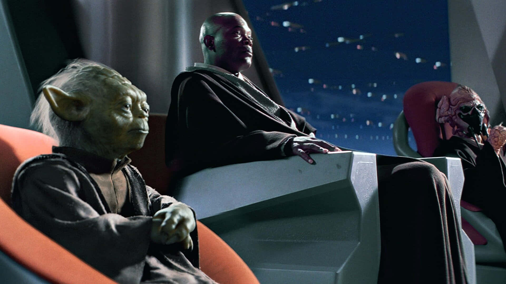 Jedi Council 桌布 壁紙 — 三位絕地大師平靜地坐在太空船駕駛艙內，透過窗戶凝視著星星。