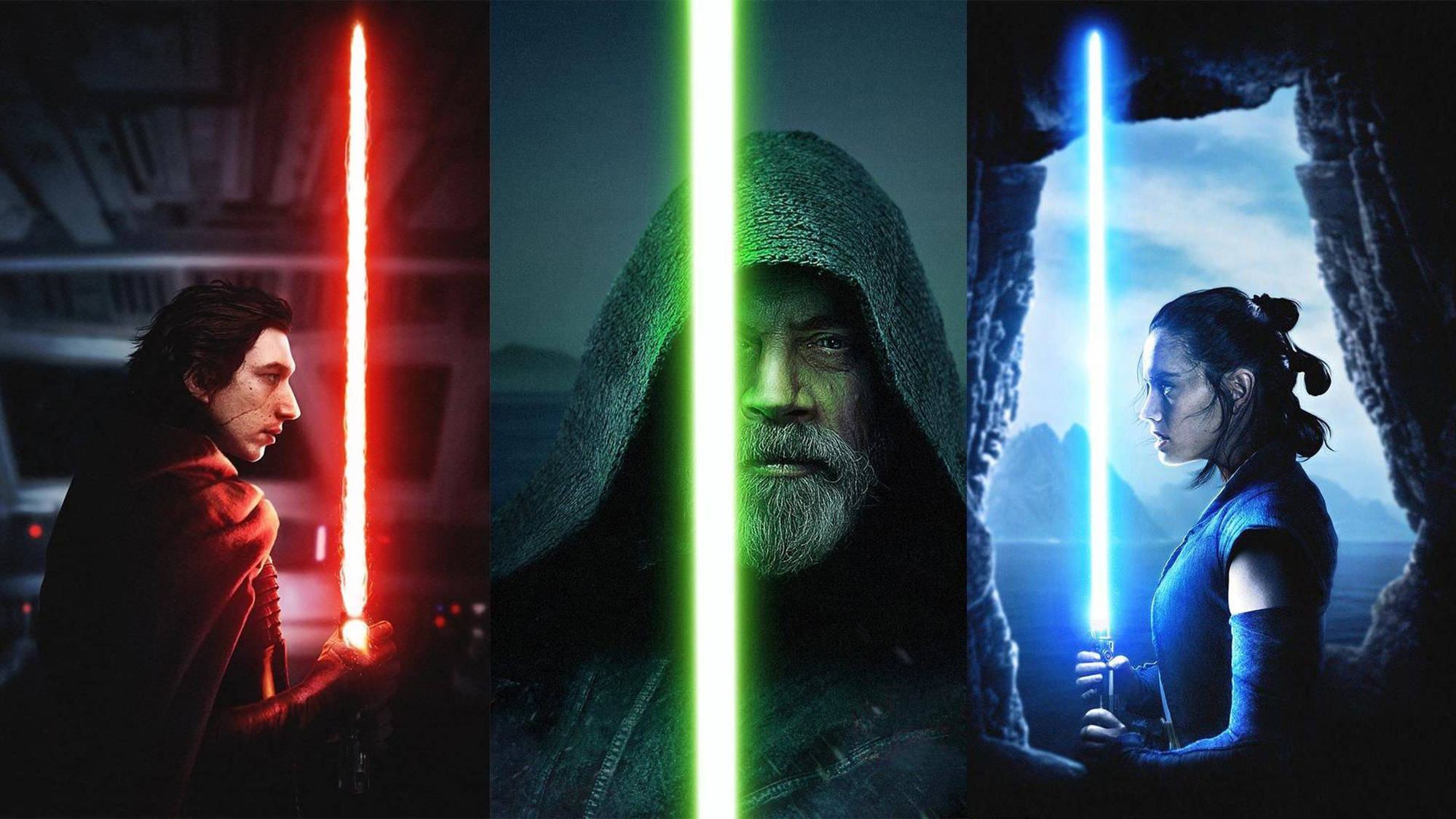 Skywalker 桌布 壁紙 — 三位絕地武士和西斯戰士側面站立，手持發光的紅色、綠色和藍色光劍，背景戲劇化。