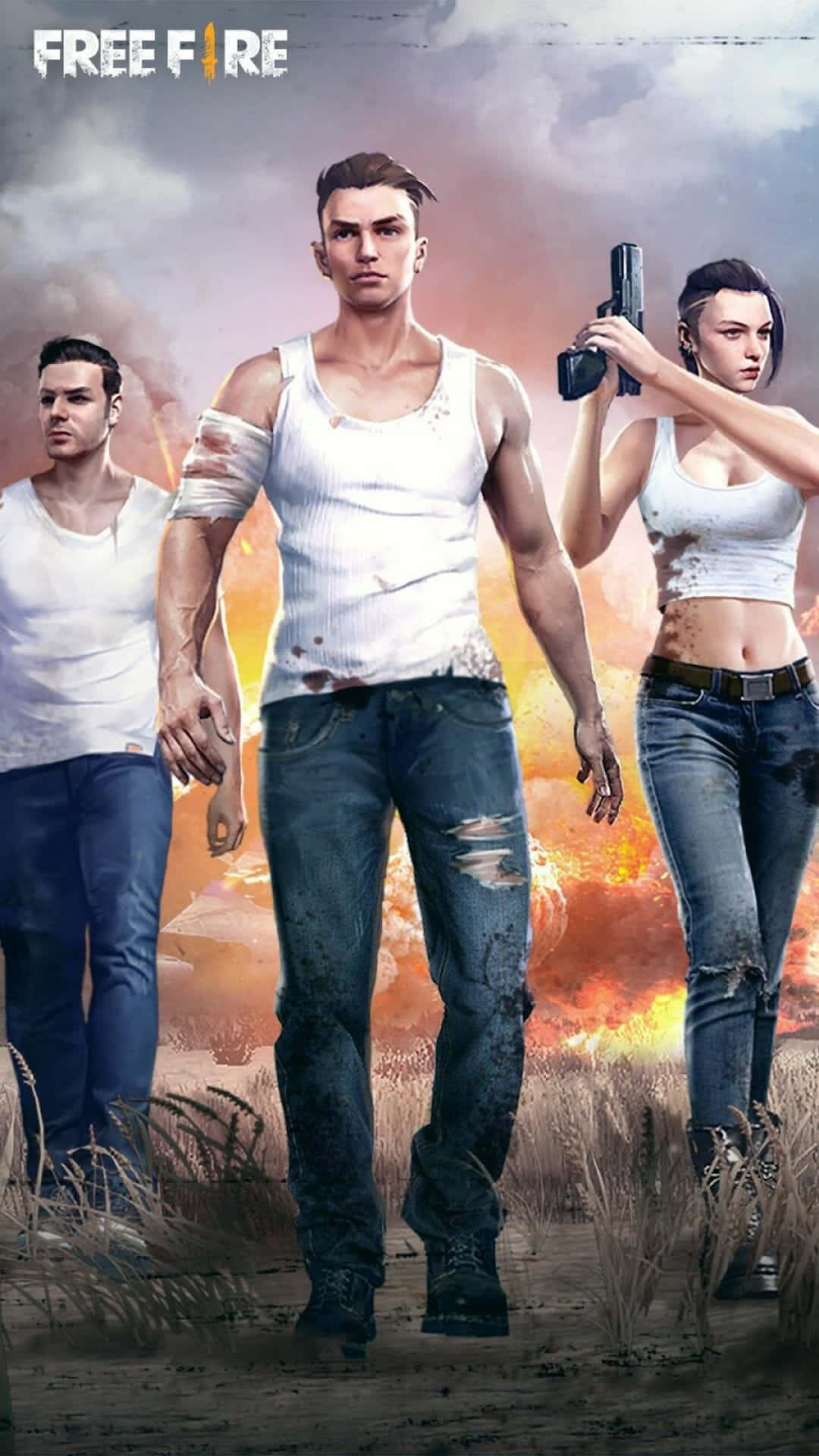 free fire 4K 桌布 壁紙 — 三位經歷戰鬥的遊戲玩家穿著破爛的白色背心和牛仔褲，挑釁地站在火熱的田野中，身後爆炸肆虐。