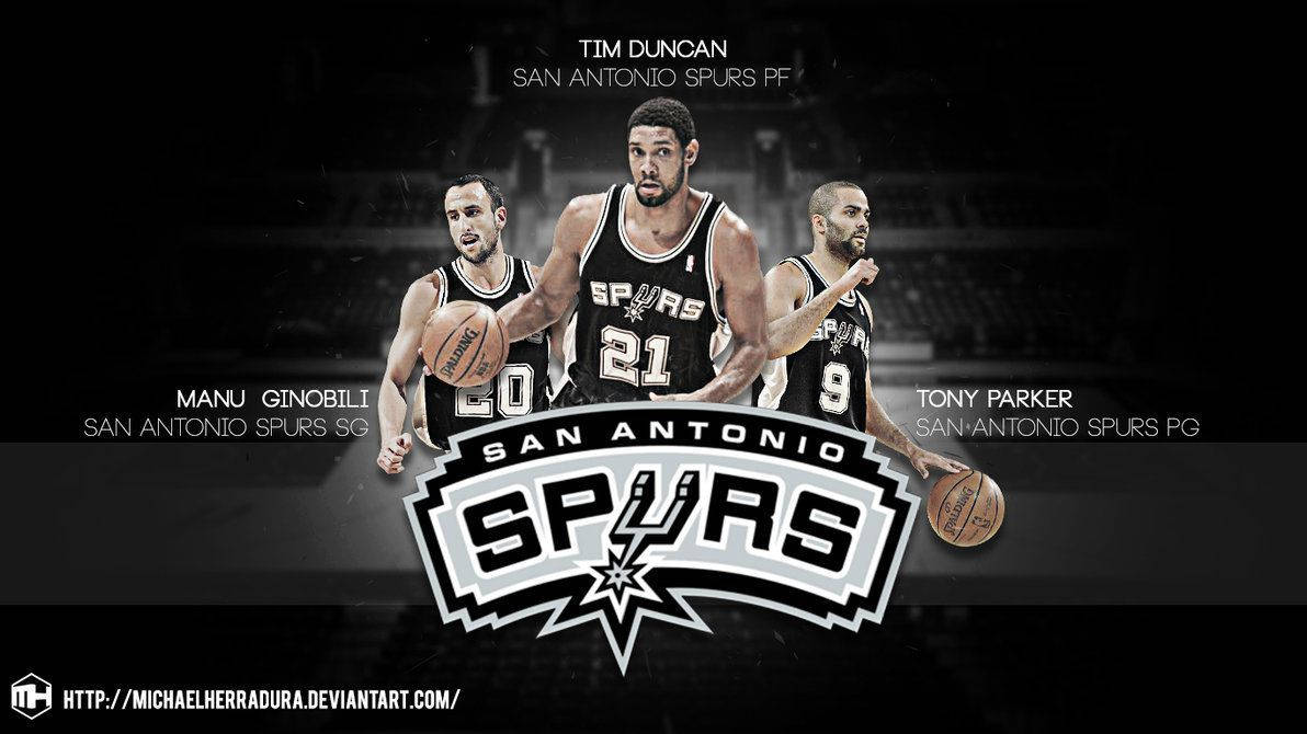 Tony Parker 桌布 壁紙 — 三位聖安東尼奧馬刺籃球傳奇人物提姆·鄧肯、馬努·吉諾比利和托尼·帕克身穿黑白球衣，下方有球隊標誌。