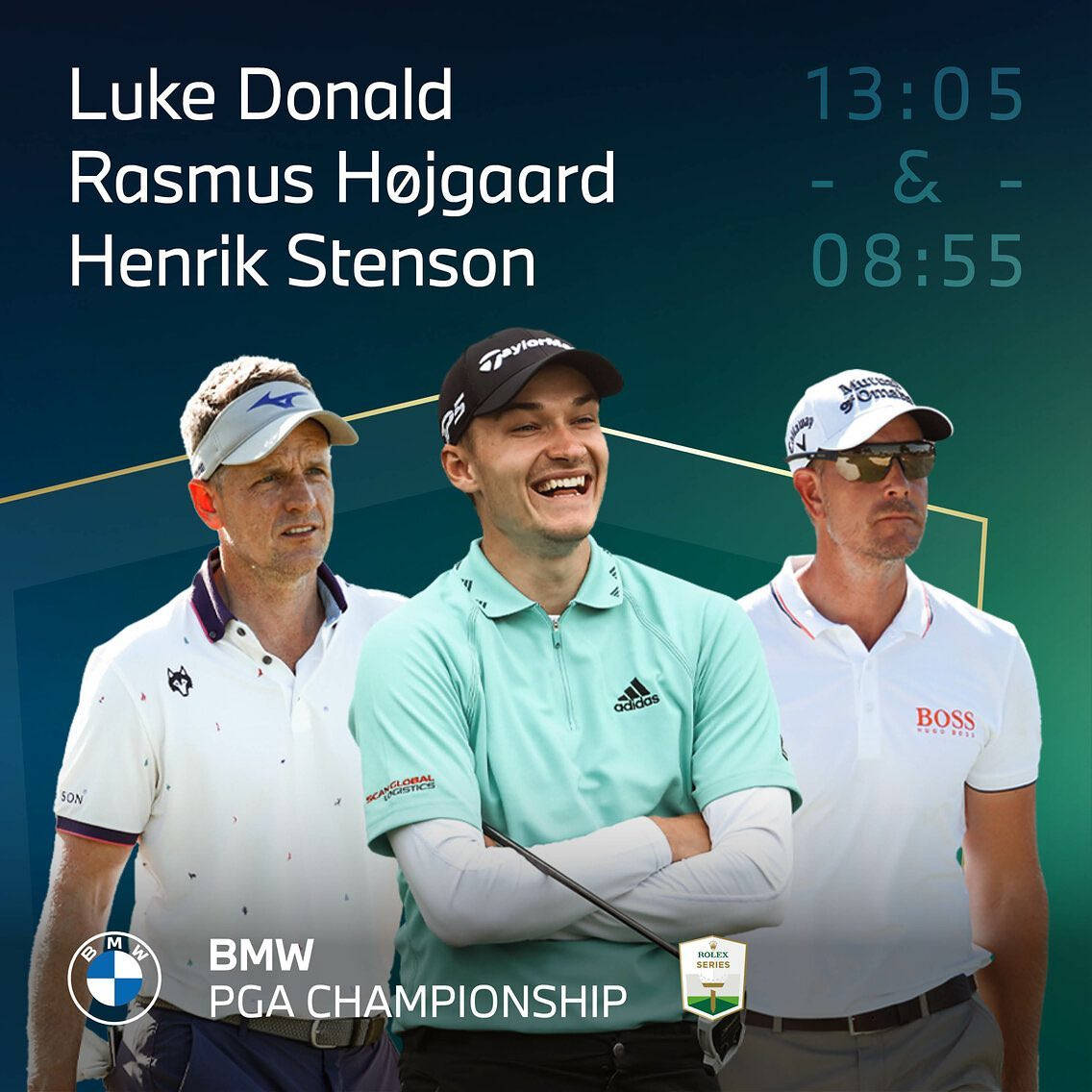 高爾夫 桌布 壁紙 — 三位職業高爾夫球手 Luke Donald、Rasmus Højgaard、Henrik Stenson 在帶有賽事品牌的深色漸變背景前自信地擺姿勢。