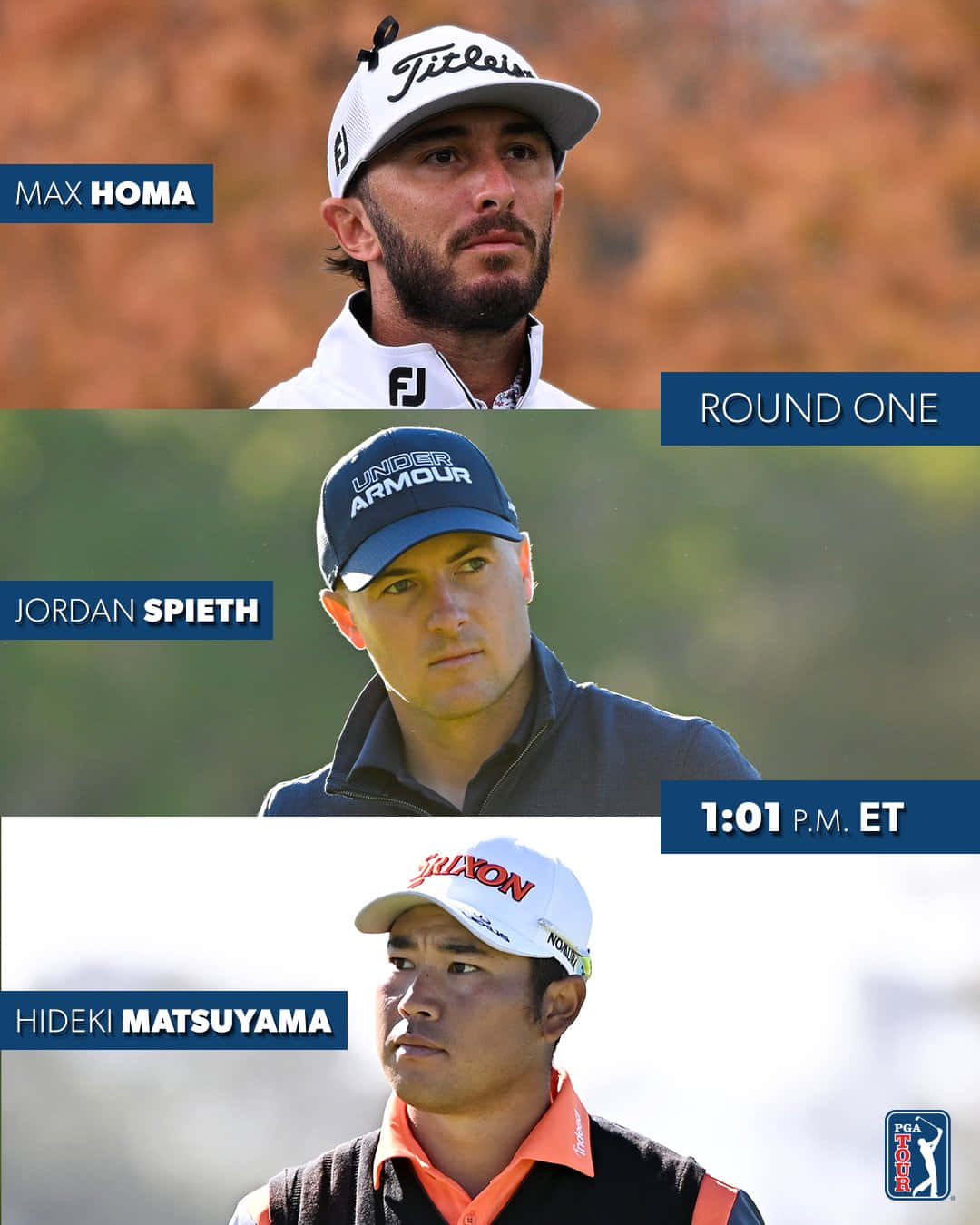 高爾夫 桌布 壁紙 — 三位職業高爾夫球手 Max Homa、Jordan Spieth 和 Hideki Matsuyama 在比賽第一輪中分別以個人肖像照展示。