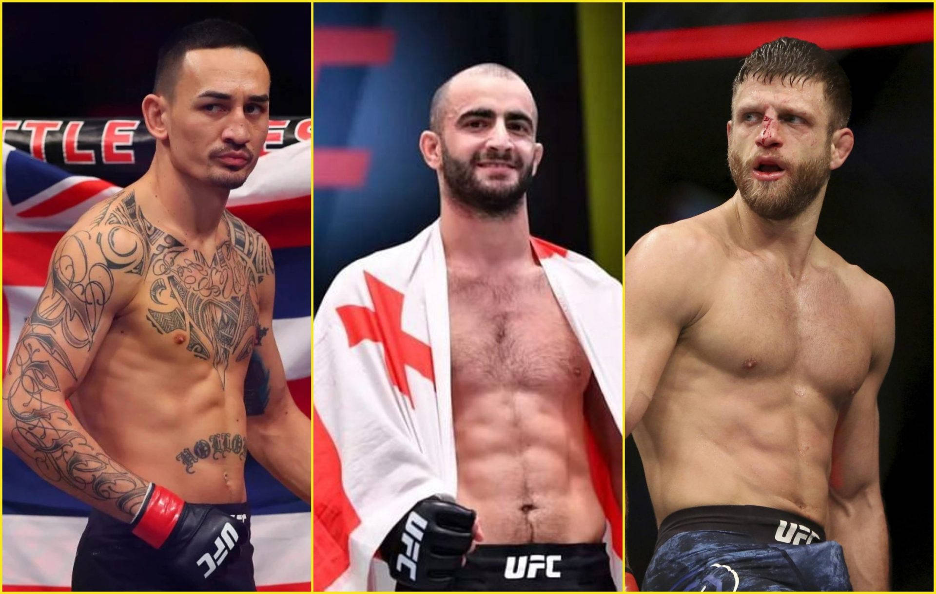 UFC 桌布 壁紙 — 三位肌肉發達的UFC拳手在八角籠中赤裸上身擺姿勢，一位有刺青，另一位披著國旗，第三位額頭上有傷口。