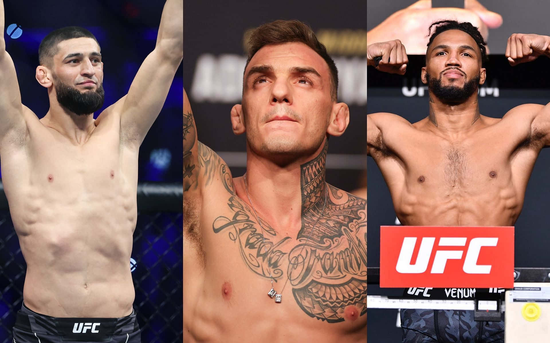 巴西 桌布 壁紙 — 三位肌肉發達的UFC拳手在八角籠中自信地擺出姿勢，充滿冠軍能量和強烈的表情。