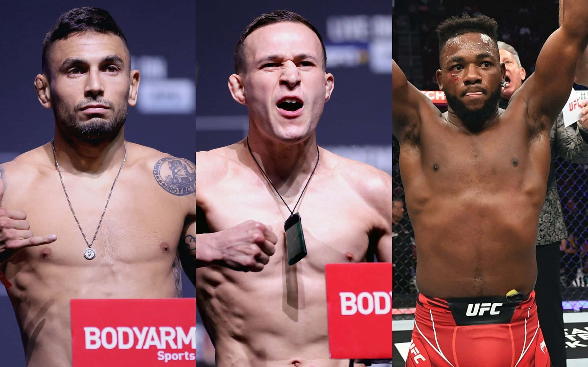 MMA 桌布 壁紙 — 三位肌肉發達的UFC拳手在稱重活動中擺出強烈姿勢，背景為紅色品牌和鐵籠。