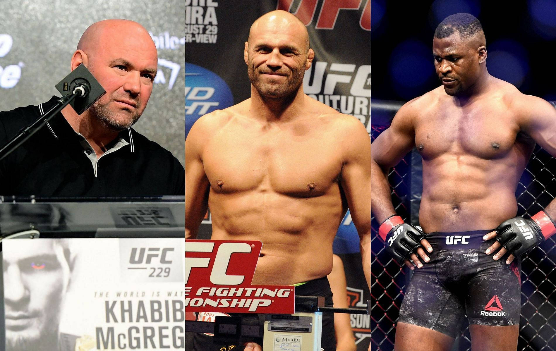MMA 桌布 壁紙 — 三位肌肉發達的UFC拳手與一位推廣人在品牌橫幅和麥克風前的新聞活動中擺姿勢。