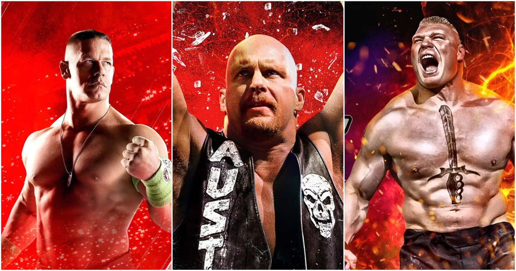 WWE 桌布 壁紙 — 三位肌肉發達的WWE摔角手在火紅和橙色的背景前，配合戲劇性的燈光和碎玻璃效果，擺出強烈的姿勢。
