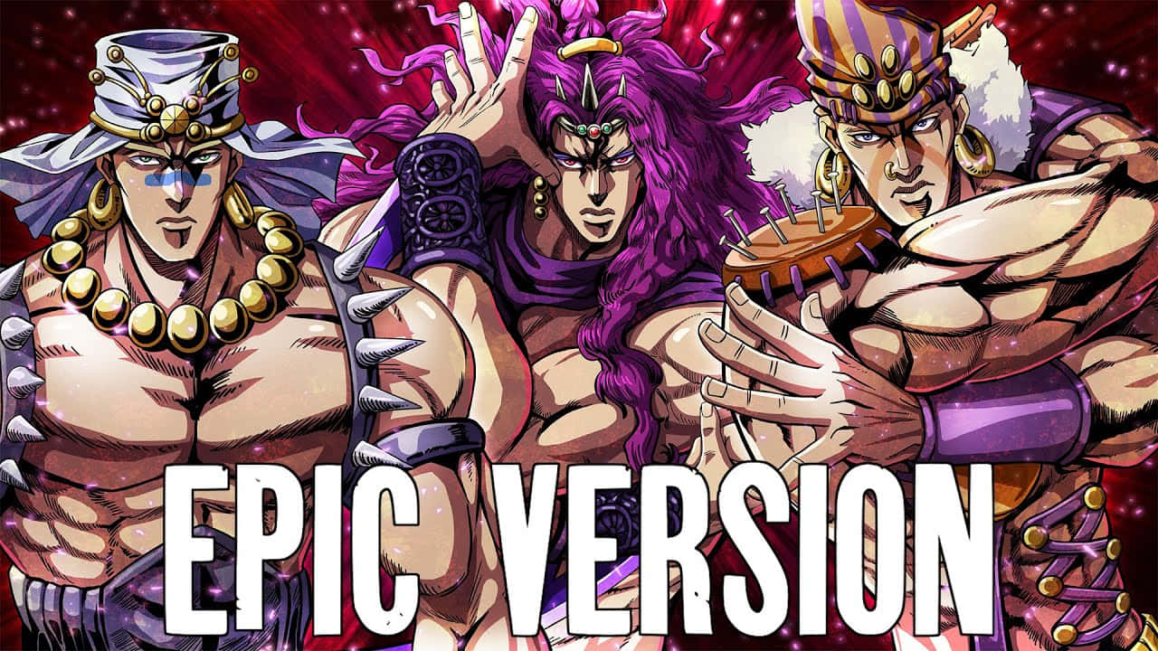 Jojo's Bizarre Adventure Kars 桌布 壁紙 — 三位肌肉發達的動漫戰士，戴著精緻的頭飾和珠寶，站在一個帶有發光星星的宇宙紅色背景前。