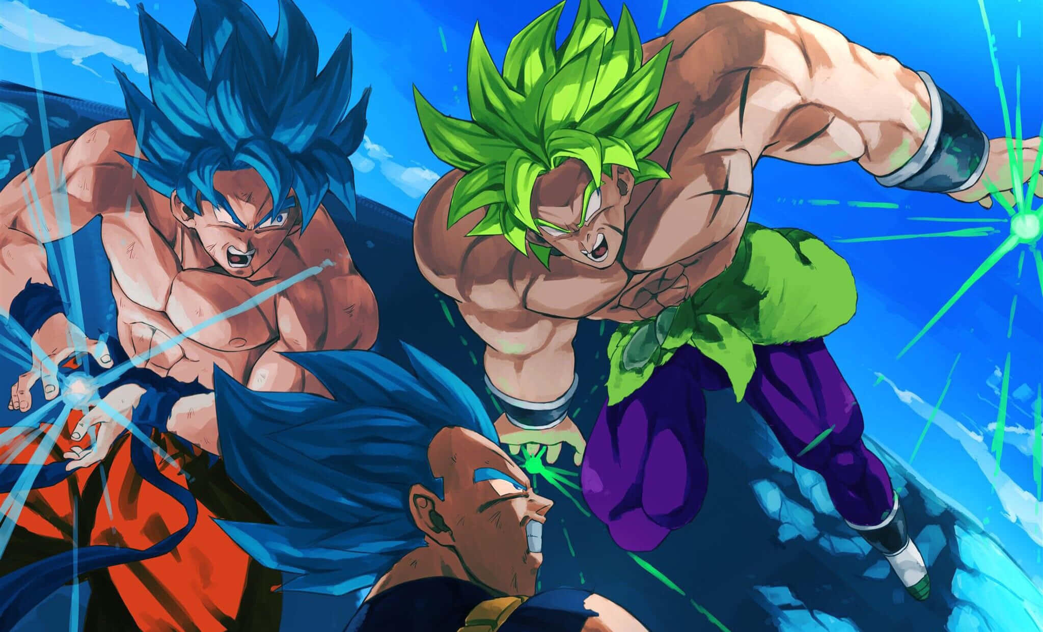 Vegeta And Broly 桌布 壁紙 — 三位肌肉發達的動漫戰士，擁有尖刺的藍色和綠色頭髮，在明亮的藍天背景下進行動態戰鬥。