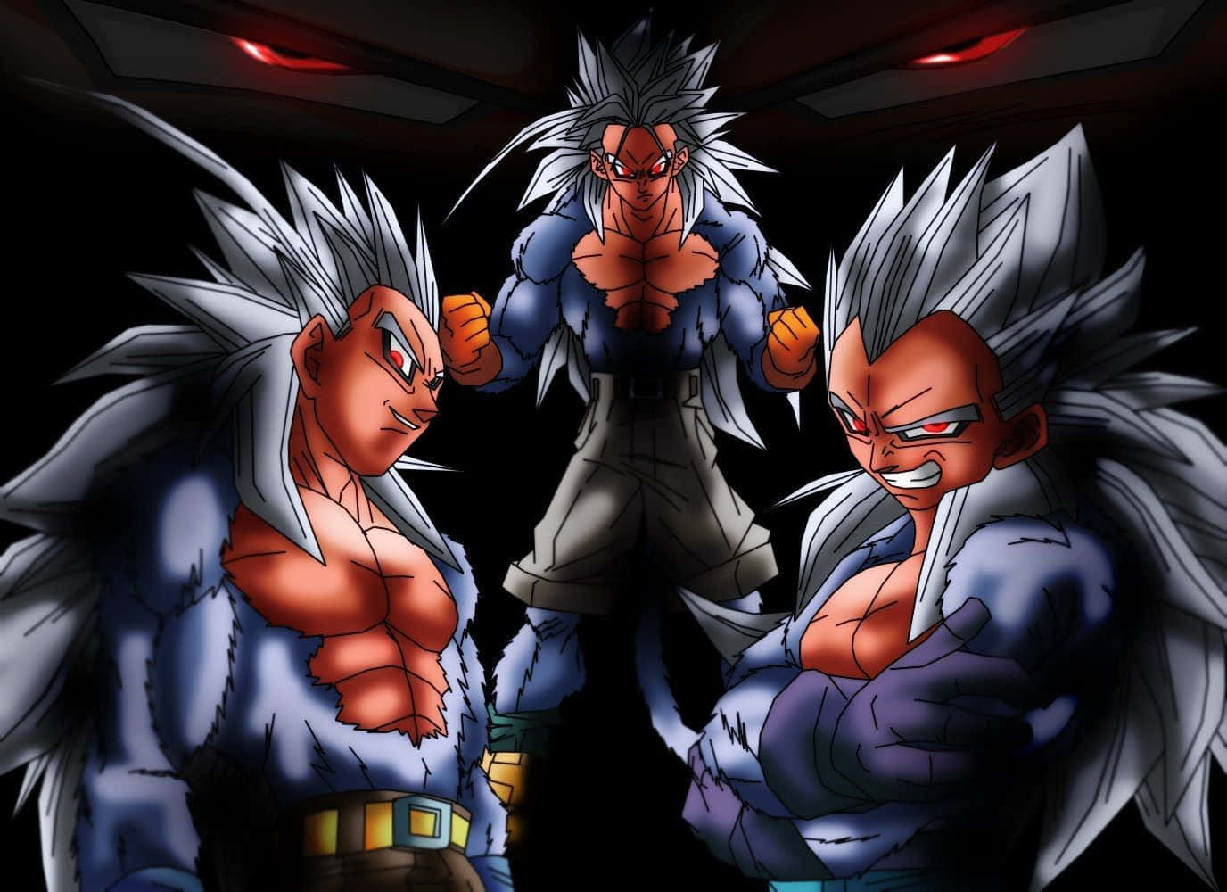 Vegeta And Trunks 桌布 壁紙 — 三位肌肉發達的動漫戰士，擁有尖刺銀髮和紅色眼睛，站在一個黑暗的競技場中，上方有發光的紅色眼睛。