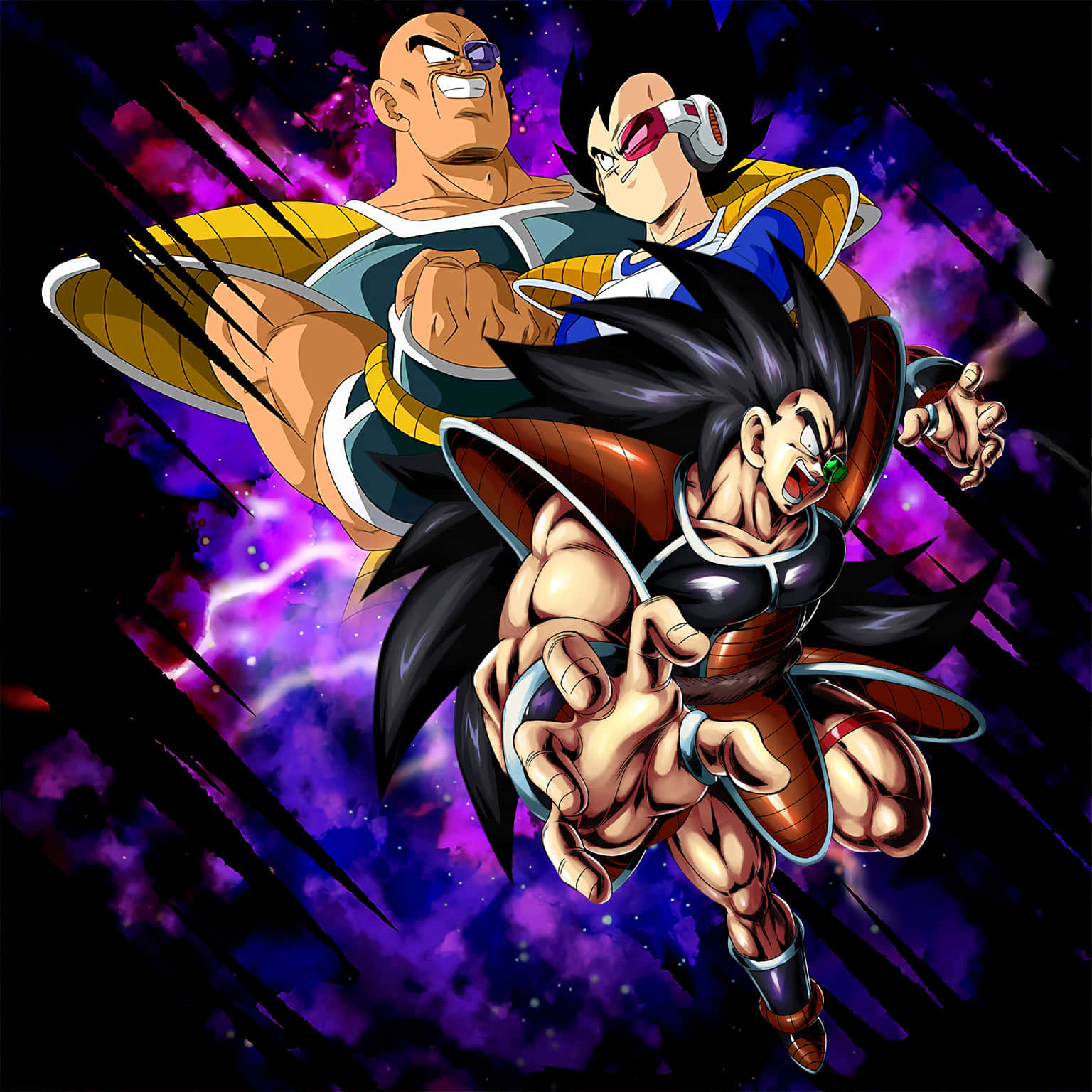 Raditz 桌布 壁紙 — 三位肌肉發達的動漫戰士以動態戰鬥姿勢，背景是帶有能量條紋的宇宙紫色和黑色星空。