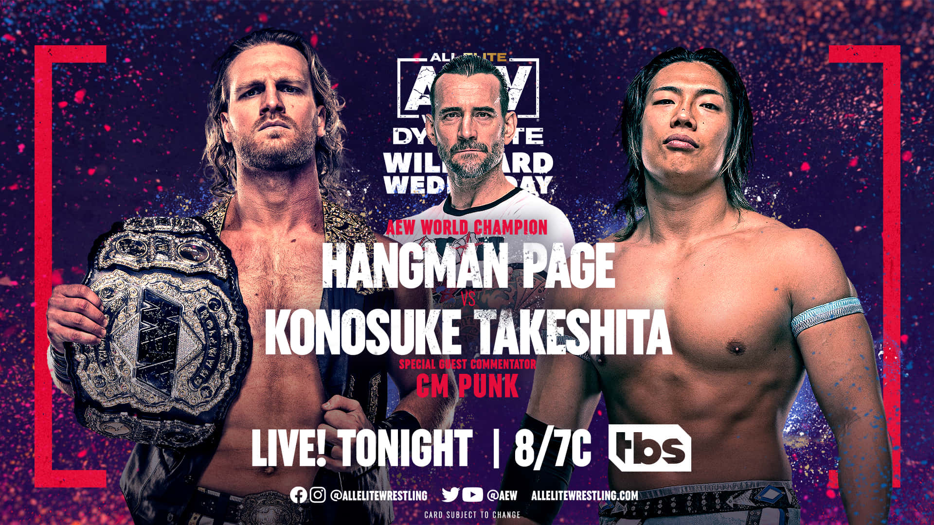 Aew 桌布 壁紙 — 三位肌肉發達的摔角手在充滿活力的紫色和紅色潑濺背景前擺姿勢，並附有冠軍文字和廣播詳情。