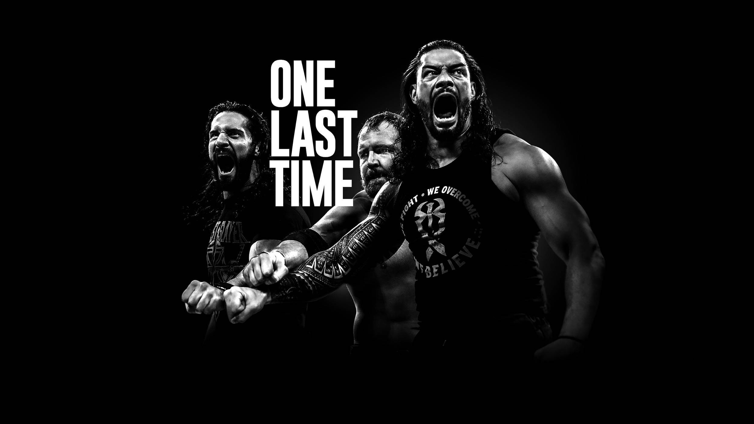 WWE 桌布 壁紙 — 三位肌肉發達的摔角手在黑色背景前齊聲咆哮，並有粗體白色文字寫著 one last time。