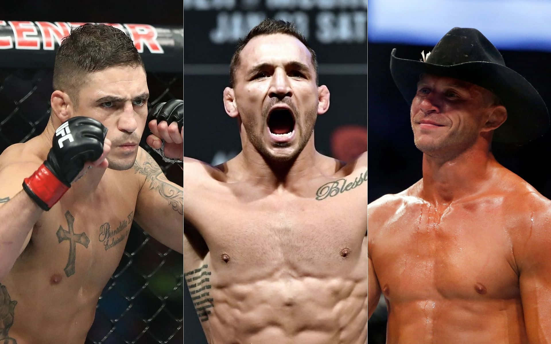 MMA 桌布 壁紙 — 三位肌肉發達的男性拳手在MMA籠中，一位勝利地大喊，另一位專注地凝視，第三位戴著牛仔帽微笑。