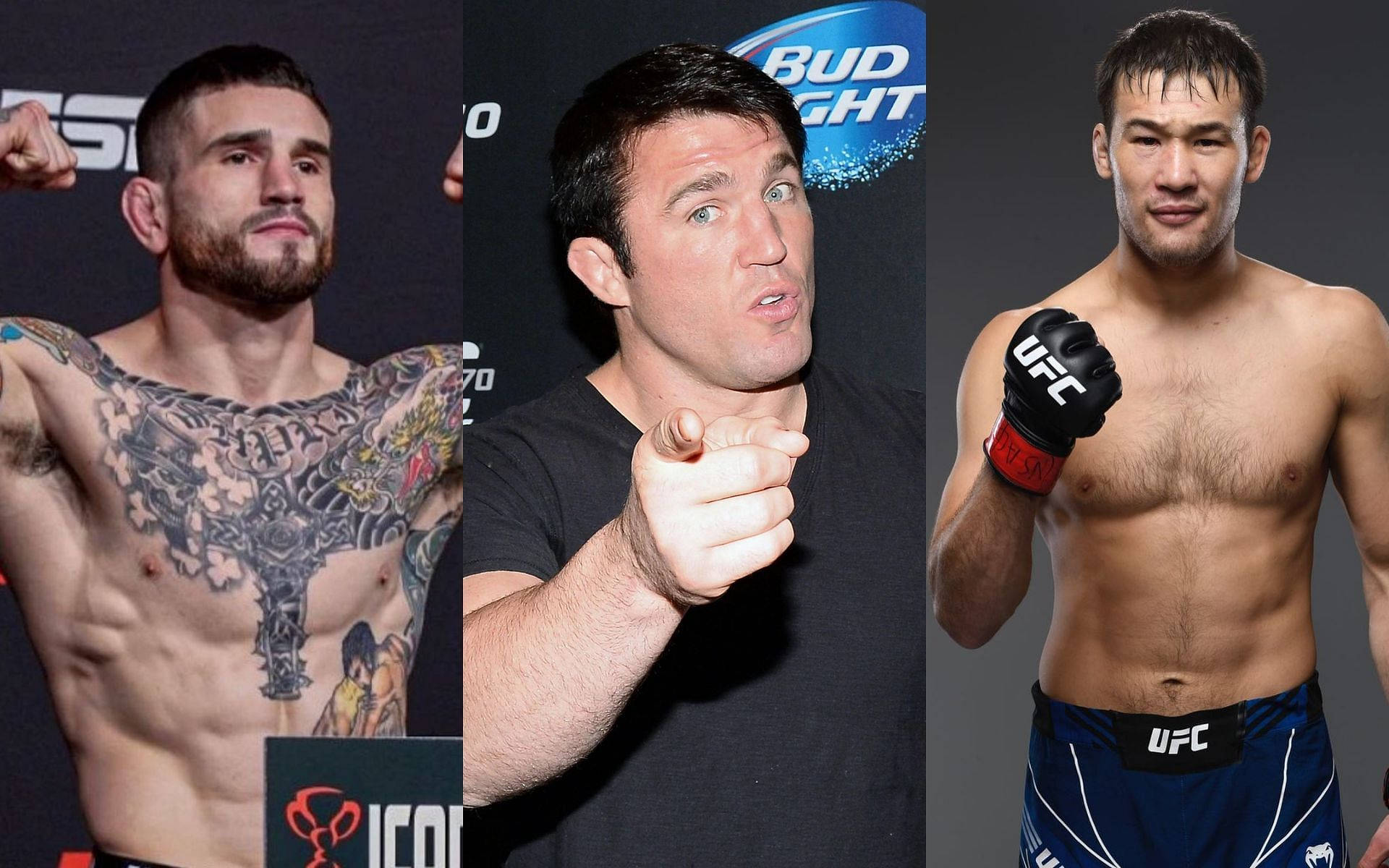 UFC 桌布 壁紙 — 三位肌肉發達的男性拳手在UFC賽事中自信地擺姿勢，背景有品牌標誌，紋身清晰可見。