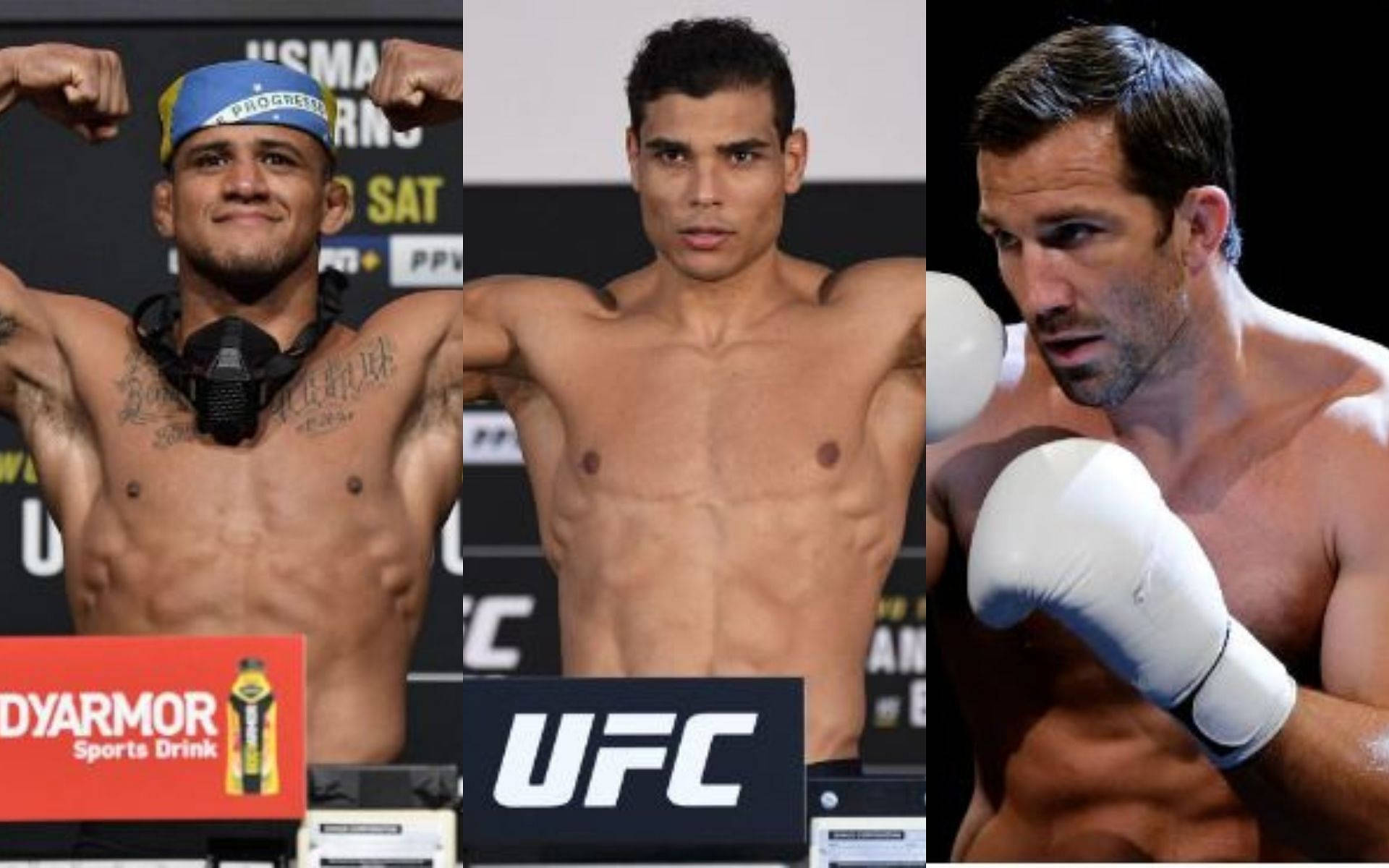 MMA 桌布 壁紙 — 三位肌肉發達的男性拳手在UFC過磅活動中自信地擺姿勢，背景有品牌標誌和拳擊手套。