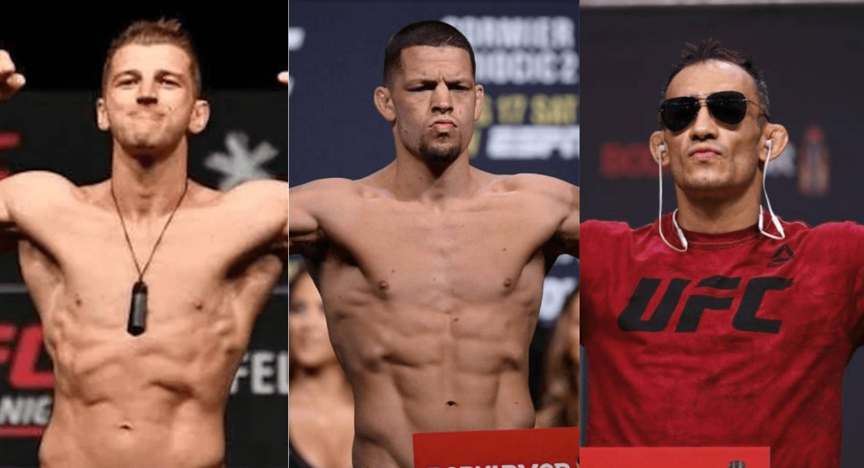 UFC 桌布 壁紙 — 三位肌肉發達的男性拳手在稱重時赤裸上身擺姿勢，表情強烈，身後有UFC品牌標誌。