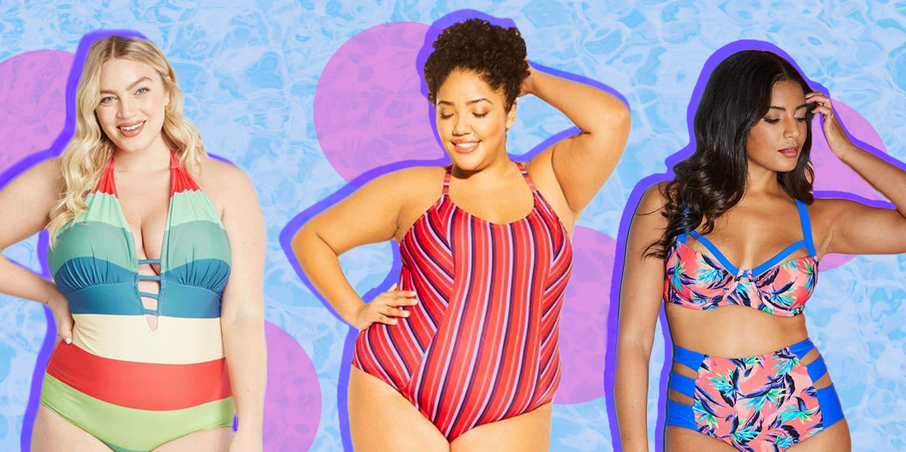 Swimsuit 桌布 壁紙 — 三位自信的女性穿著色彩繽紛的泳衣，在充滿活力的藍色和紫色圖案背景前擺姿勢。