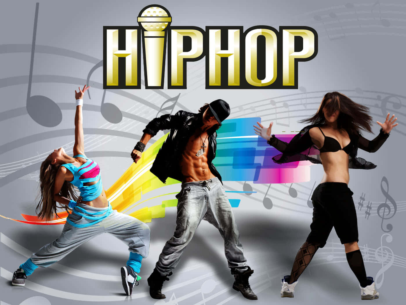 hiphop 桌布 壁紙 — 三位舞者在音符背景上擺出動感嘻哈姿勢，並帶有粗體金色「HIPHOP」文字。