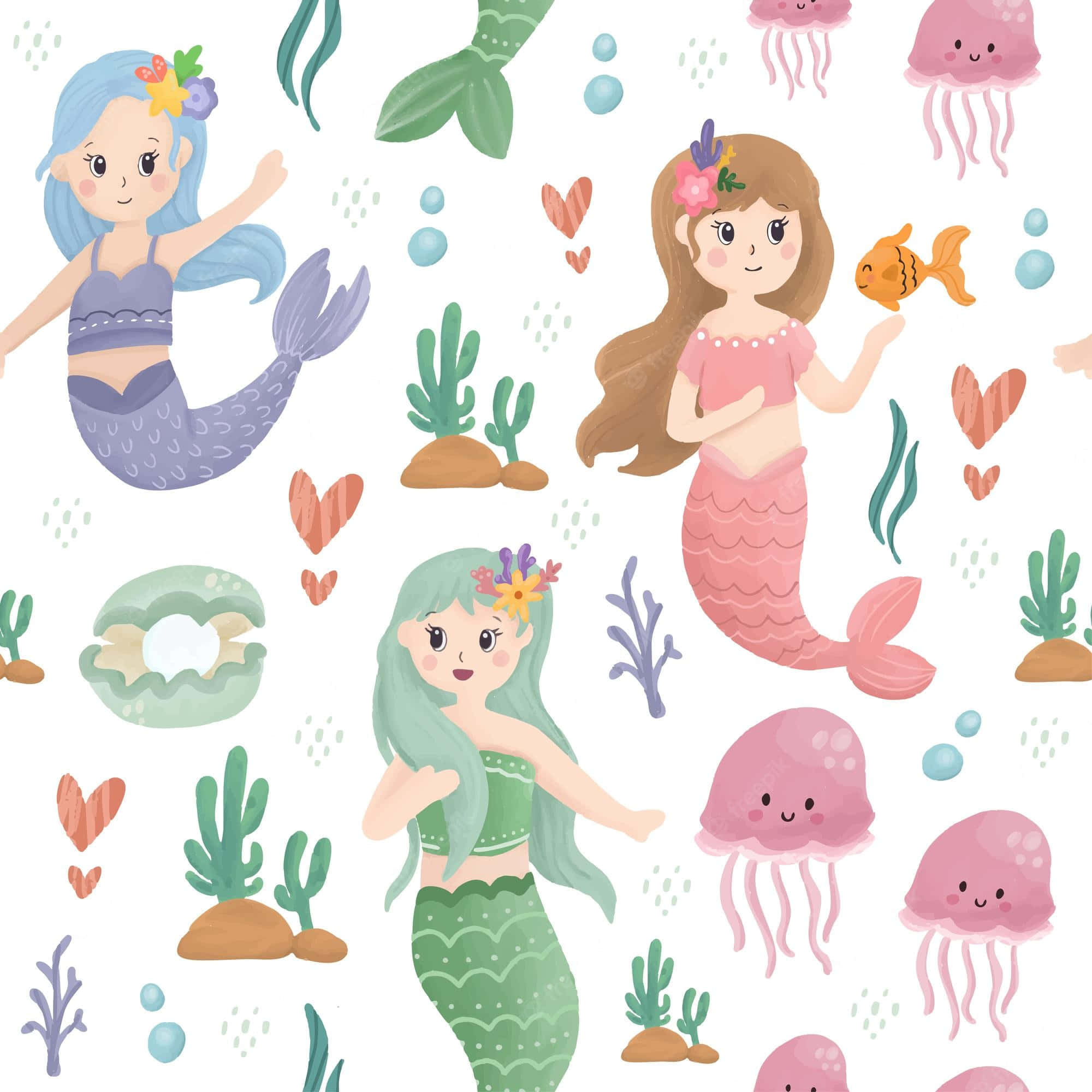 美人魚 桌布 壁紙 — 三位色彩繽紛尾巴的開心卡通美人魚在珊瑚、水母和泡泡中游動，構成一個有趣的海洋場景。
