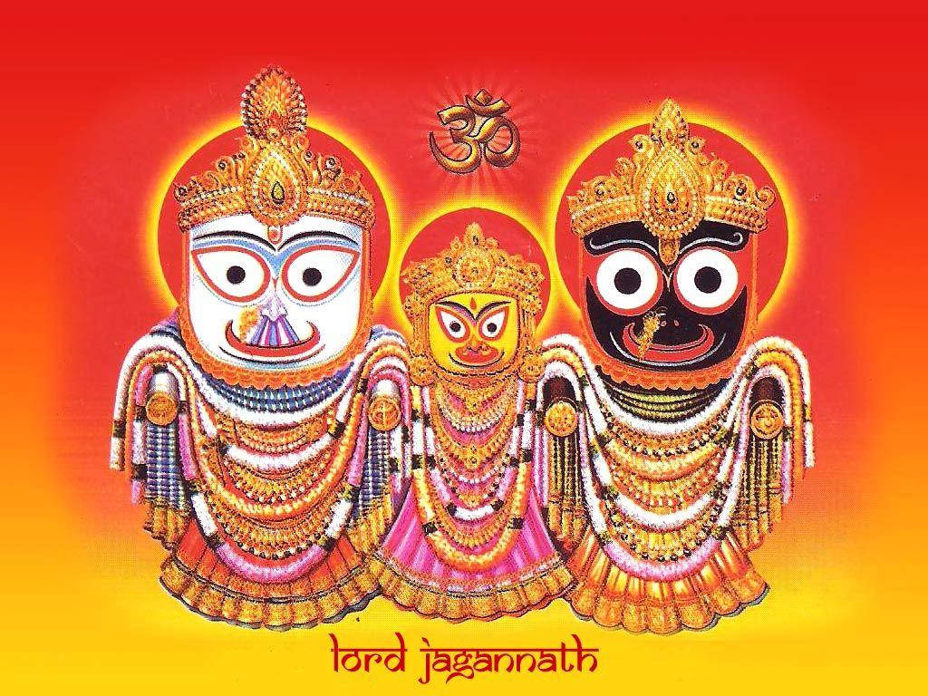 Jagannath 桌布 壁紙 — 三位華麗的印度教神祇，帶有光芒四射的光環和精緻的珠寶，站在火紅和橙色的漸變背景前。