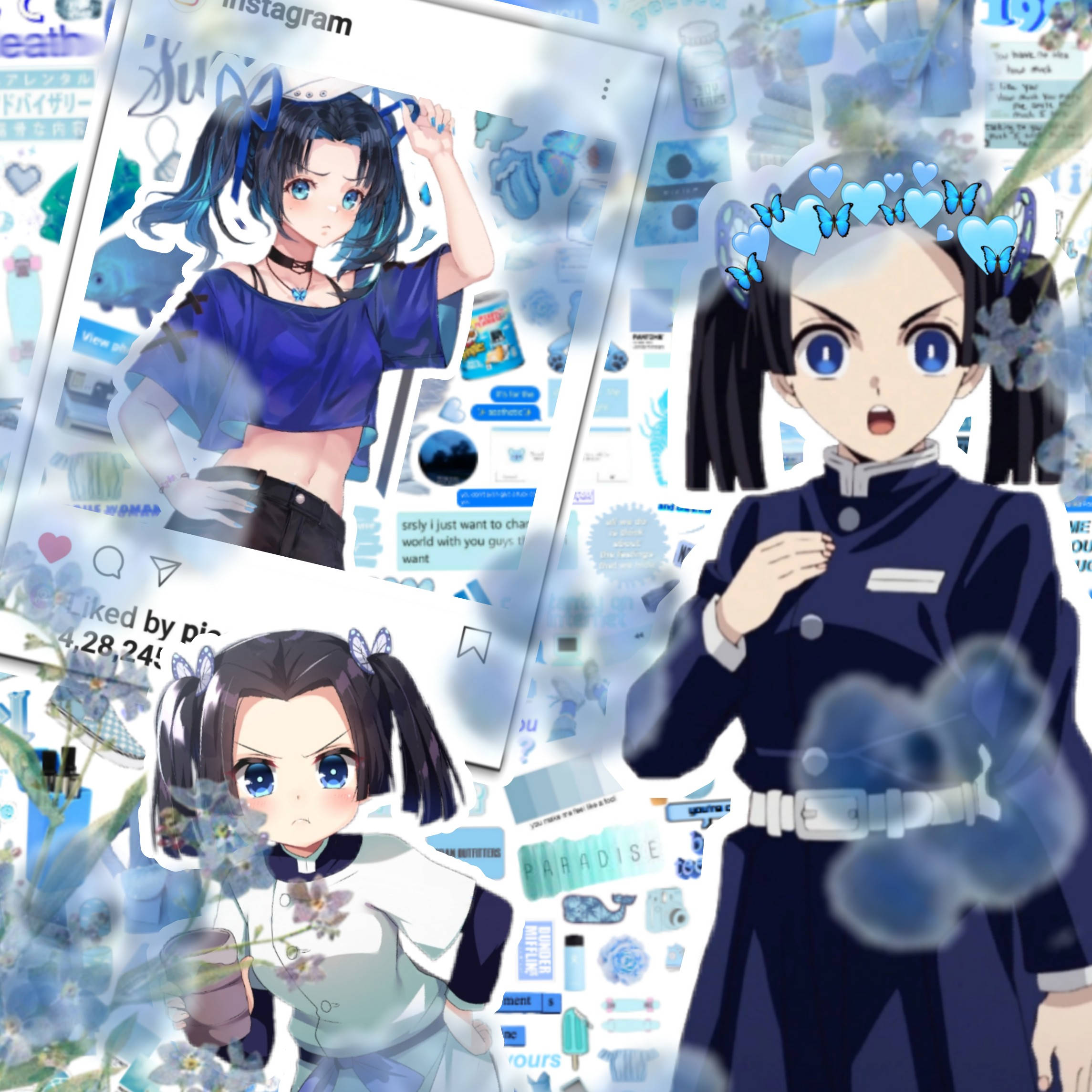 aoi kanzaki 桌布 壁紙 — 三位藍眼睛、深色頭髮的動漫女孩出現在以藍色為主題的社交媒體貼文和花卉元素的拼貼畫中。