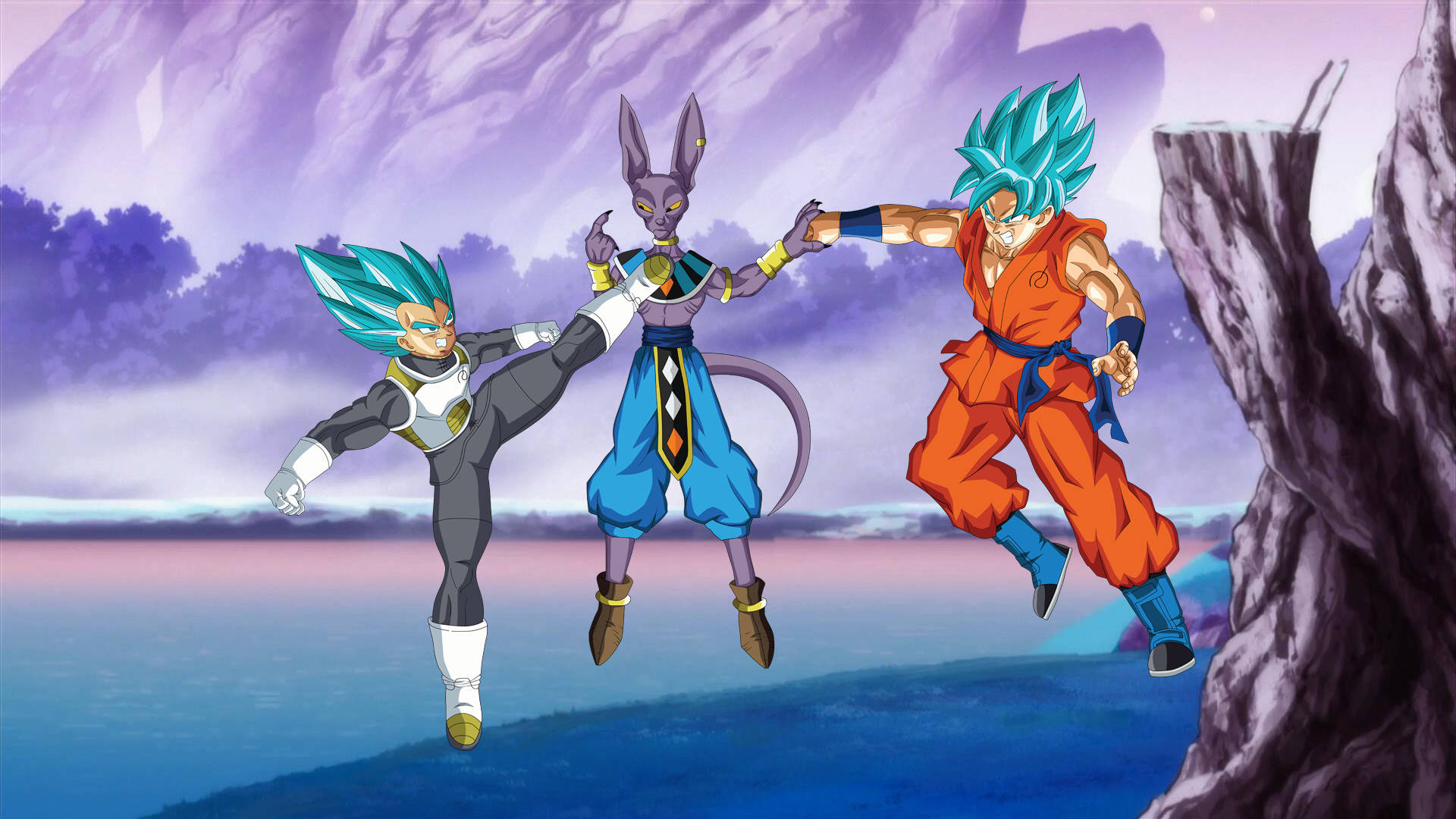 Beerus 桌布 壁紙 — 三位藍髮動漫戰士在紫色天空和岩石峭壁背景下動態跳躍。