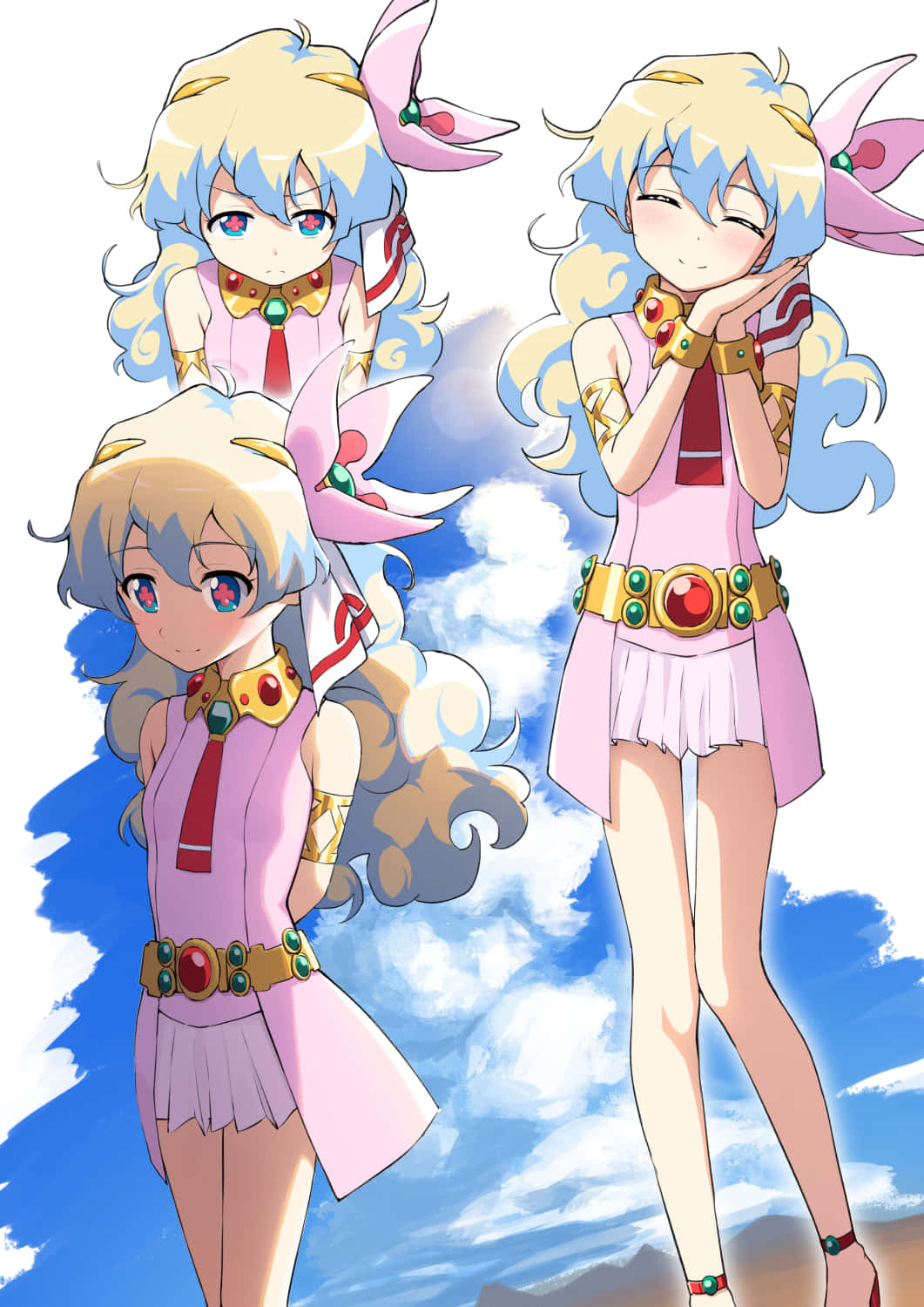 Nia Teppelin 桌布 壁紙 — 三位藍髮粉紅服裝的動漫女孩在藍天白雲下愉快地擺姿勢。