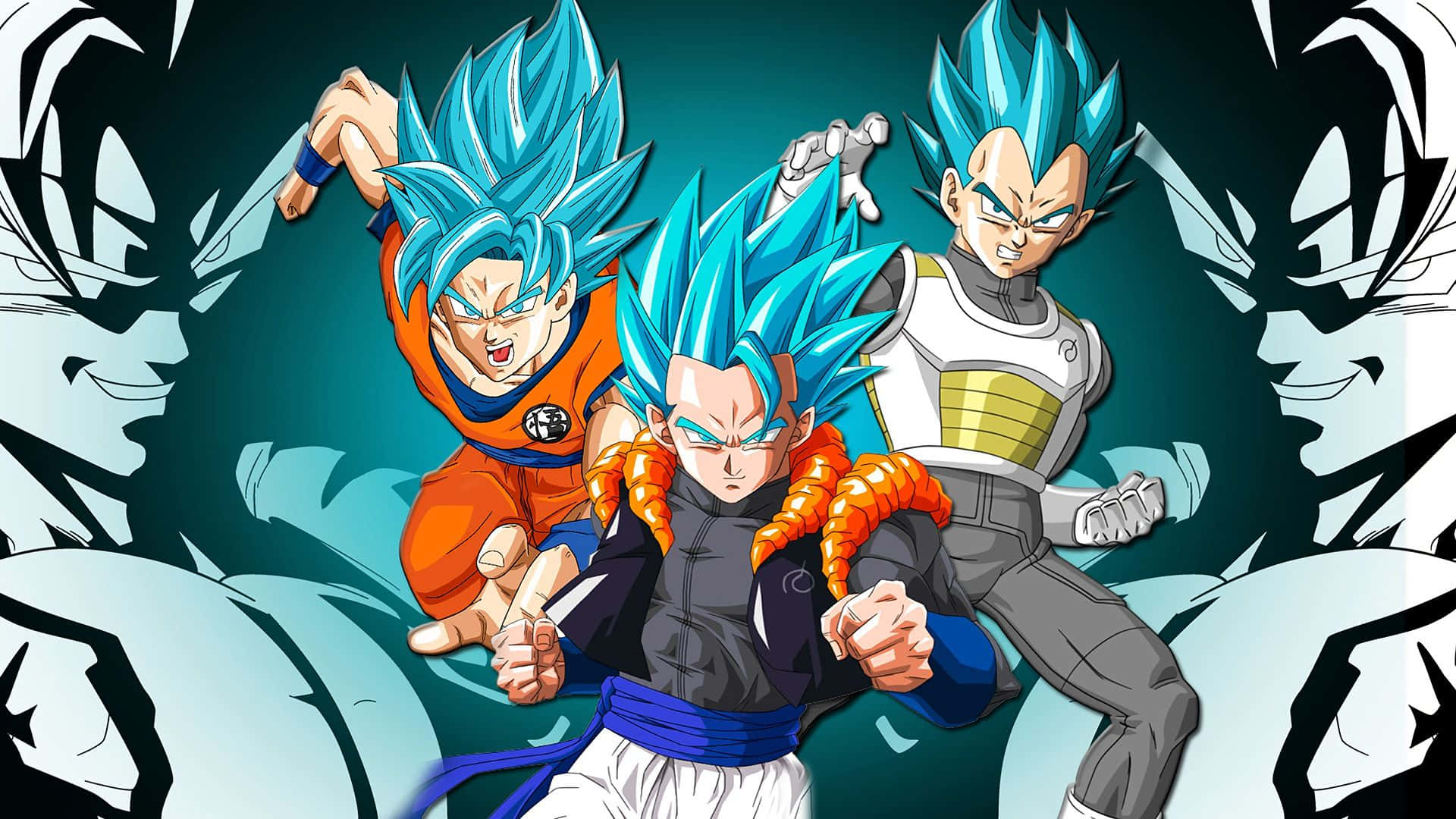 Goku And Vegeta 桌布 壁紙 — 三位藍髮超級賽亞人神在深青綠色背景上以戰鬥姿勢對抗陰影輪廓。