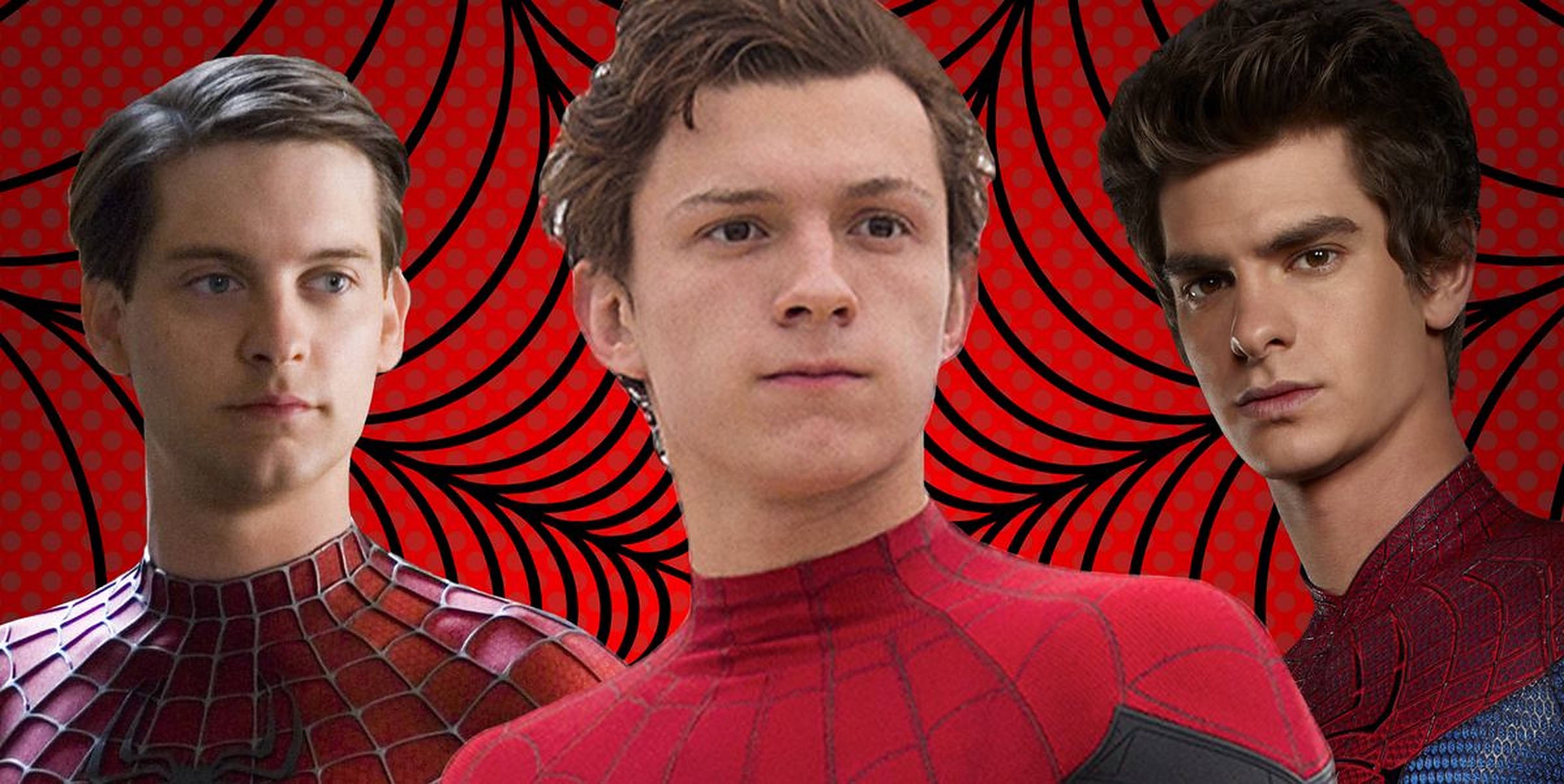 Tobey Maguire 桌布 壁紙 — 三位蜘蛛人演員身穿標誌性紅色戰衣，站在大膽的紅黑網紋背景前。