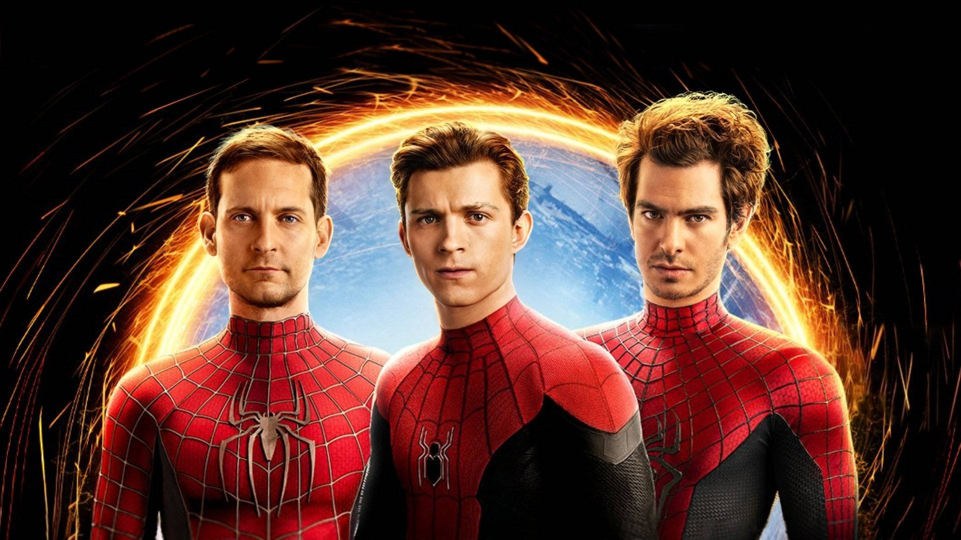 Spider Man 3 桌布 壁紙 — 三位蜘蛛人英雄並肩站立，面對一個發光的宇宙環，地球在他們身後。