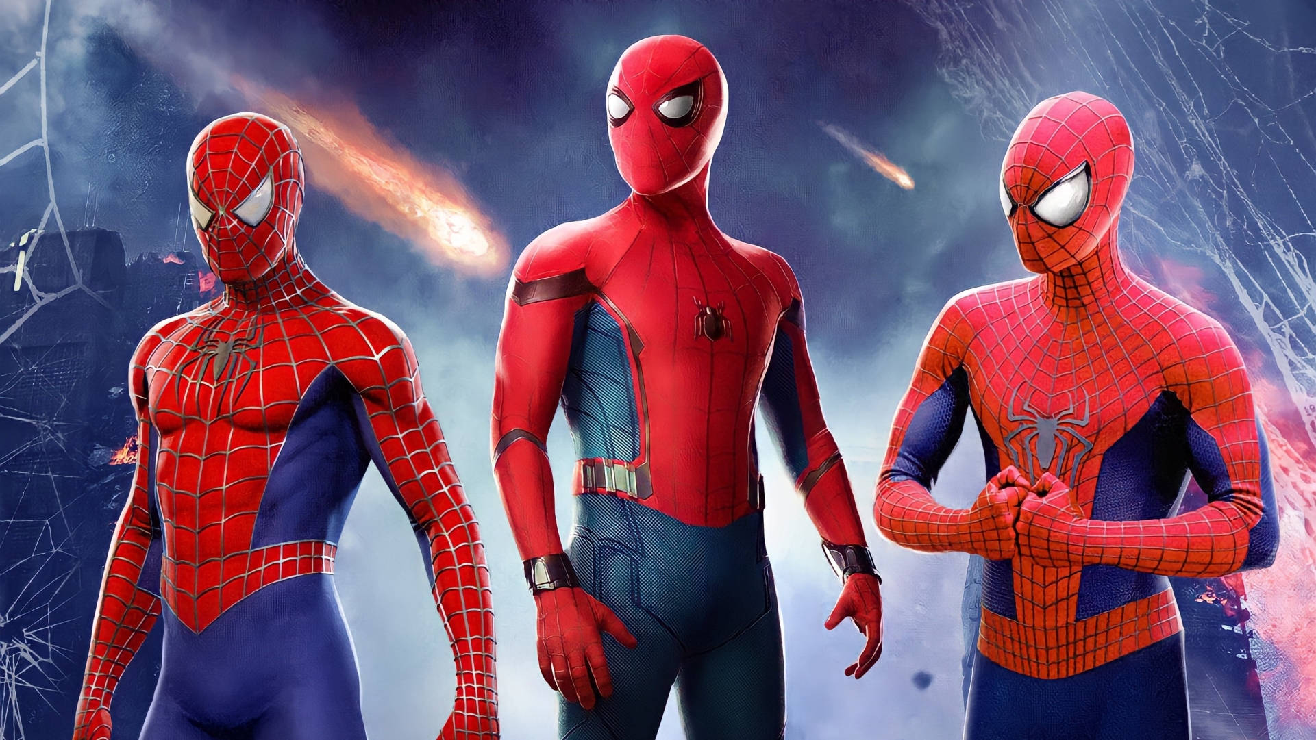 Spider Man No Way Home 桌布 壁紙 — 三位蜘蛛人英雄在宇宙背景下英勇站立，背景有熾熱的流星和發光的蜘蛛網圖案。