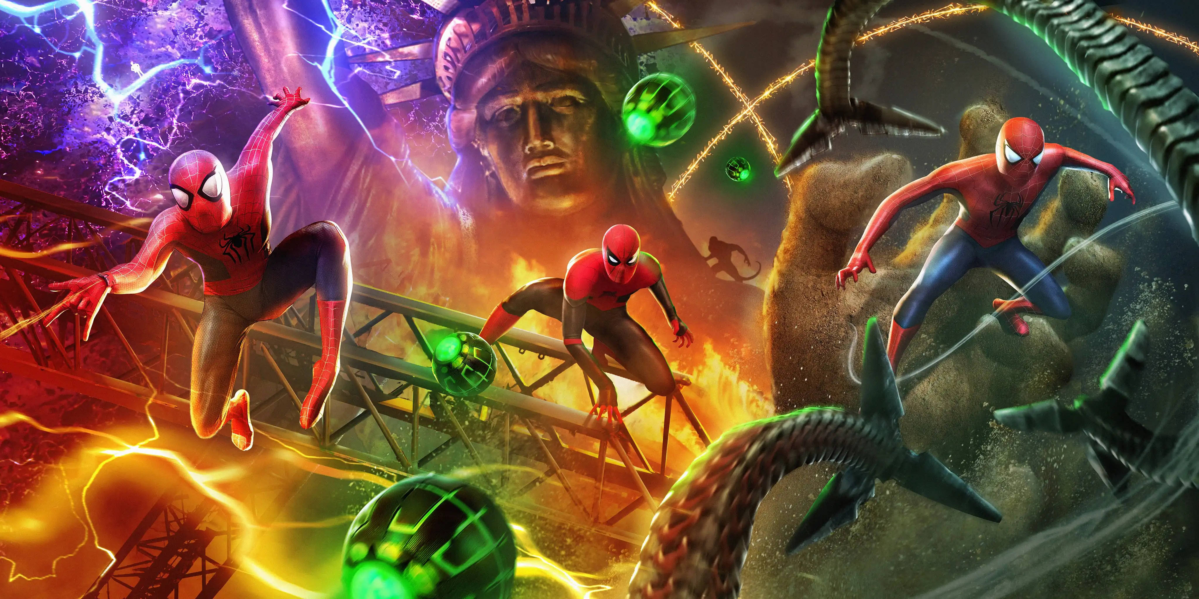 spiderman no way home 桌布 壁紙 — 三位蜘蛛人英雄在混亂的城市景觀中擺盪，在電風暴和火熱爆炸中與巨大的綠色外星生物戰鬥。